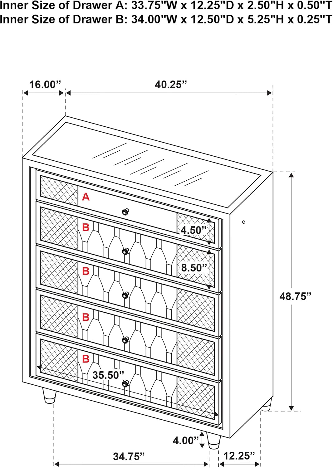 Coaster Home Furnishings - Lorient - Wood and Velvet - 5-Drawer Chest with Built-in LED Lighting, Crystal Knobs and English Dovetail Joinery - Bedroom - Black - 223165