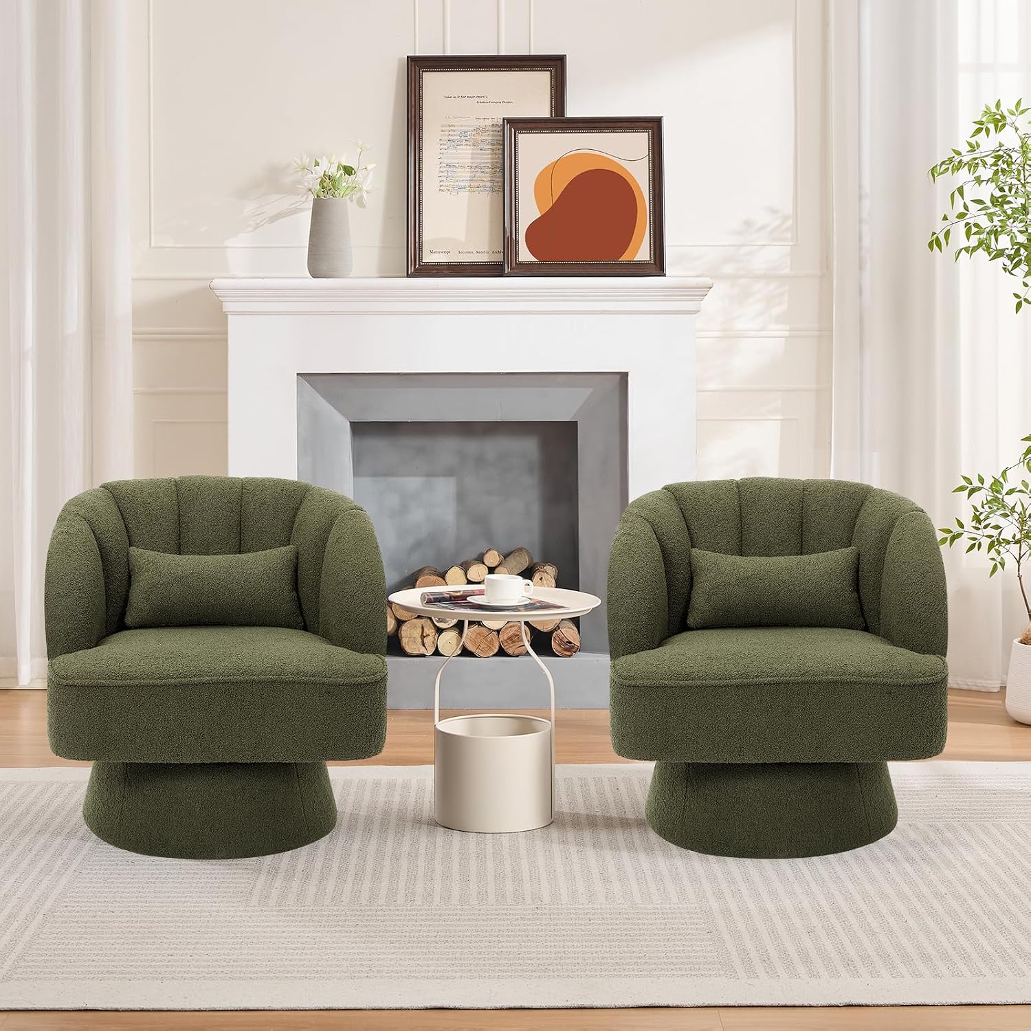 GarveeHome Modern Swivel Barrel Accent Chair, 360° Teddy Fabric Upholstered Armchair with Striped Backrest & Plush Padding, Comfy Round Lounge Chair for Living Room, Bedroom, Reading Nook, Green