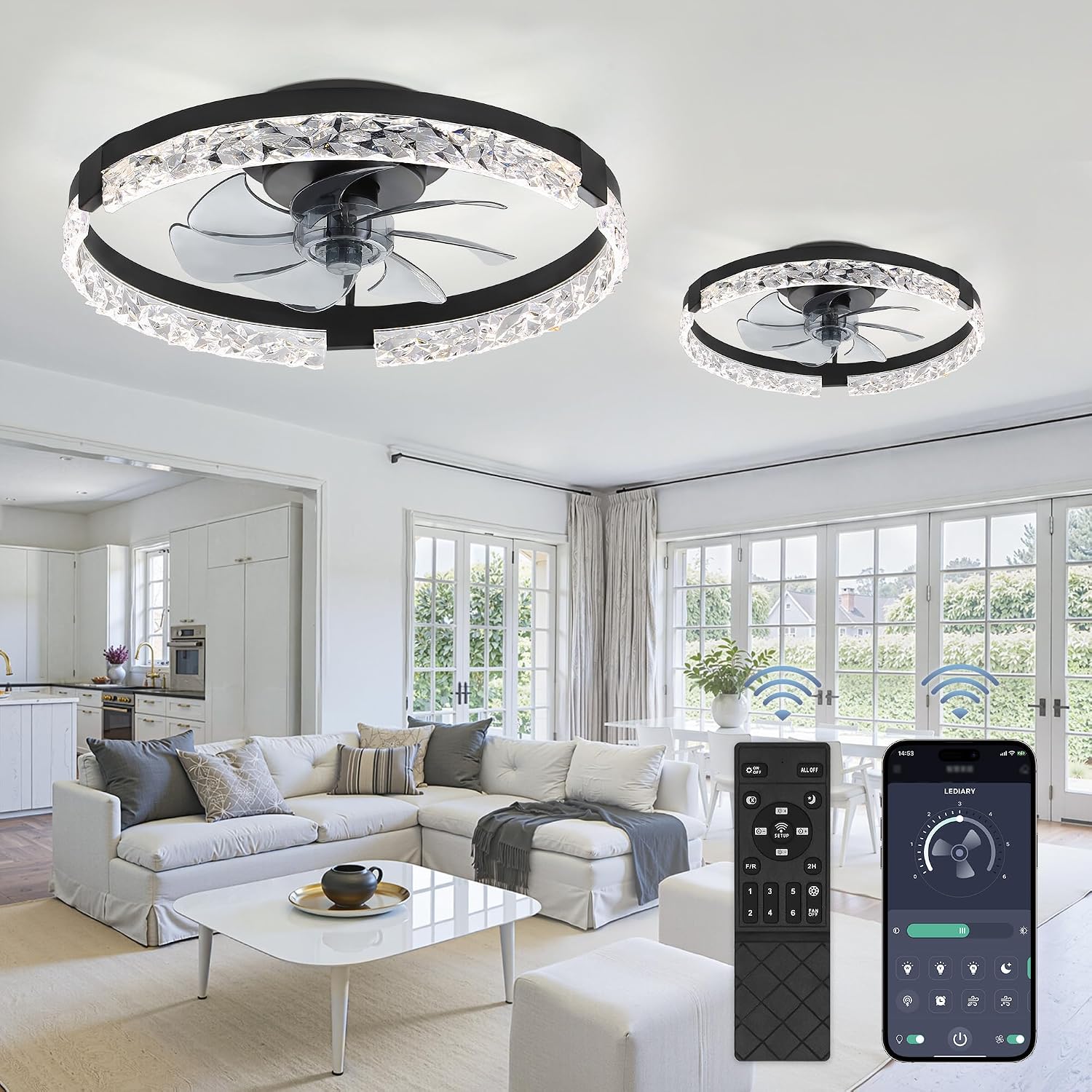 LEDIARY 2 Pack 20 Inch Low Profile Ceiling Fan with Lights and Remote, Dimmable Fandelier Ceiling Fans, Black Modern Flush Mount Ceiling Fan with 3 Color Temperature Change and 6 Speeds