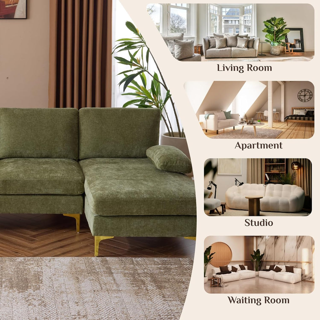 Karl home Convertible Sectional Sofa 110' U-Shape Sofa Couch 4-Seat Couch with Chaise ChenilleFabric Upholstered for Living Room, Apartment, Office, Green