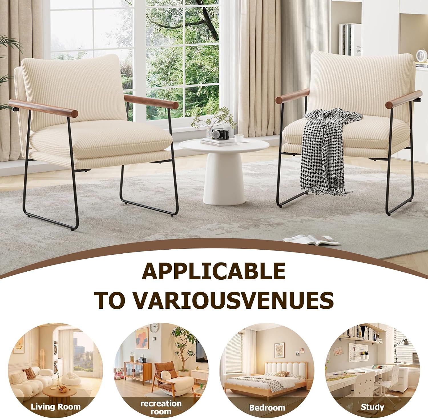 Furnilivng Large Sling Accent Chair, Comfortable Boucle Fabric Arm Chair, Upholstered Cozy Reading Chair for Living Room, Bedroom, Dressing Room, Home Office (Beige, Set of 2)