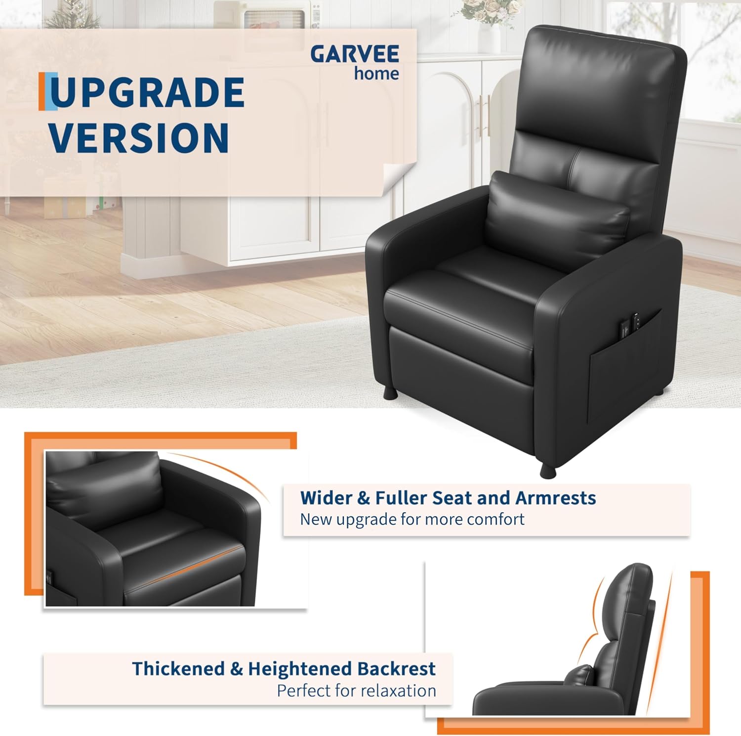 Power Recliner Chair, Electric Recliner with Memory Function & USB Port, Overstuffed PU Leather Living Room Chair with Side Pockets, Ergonomic Home Theater Seating Black