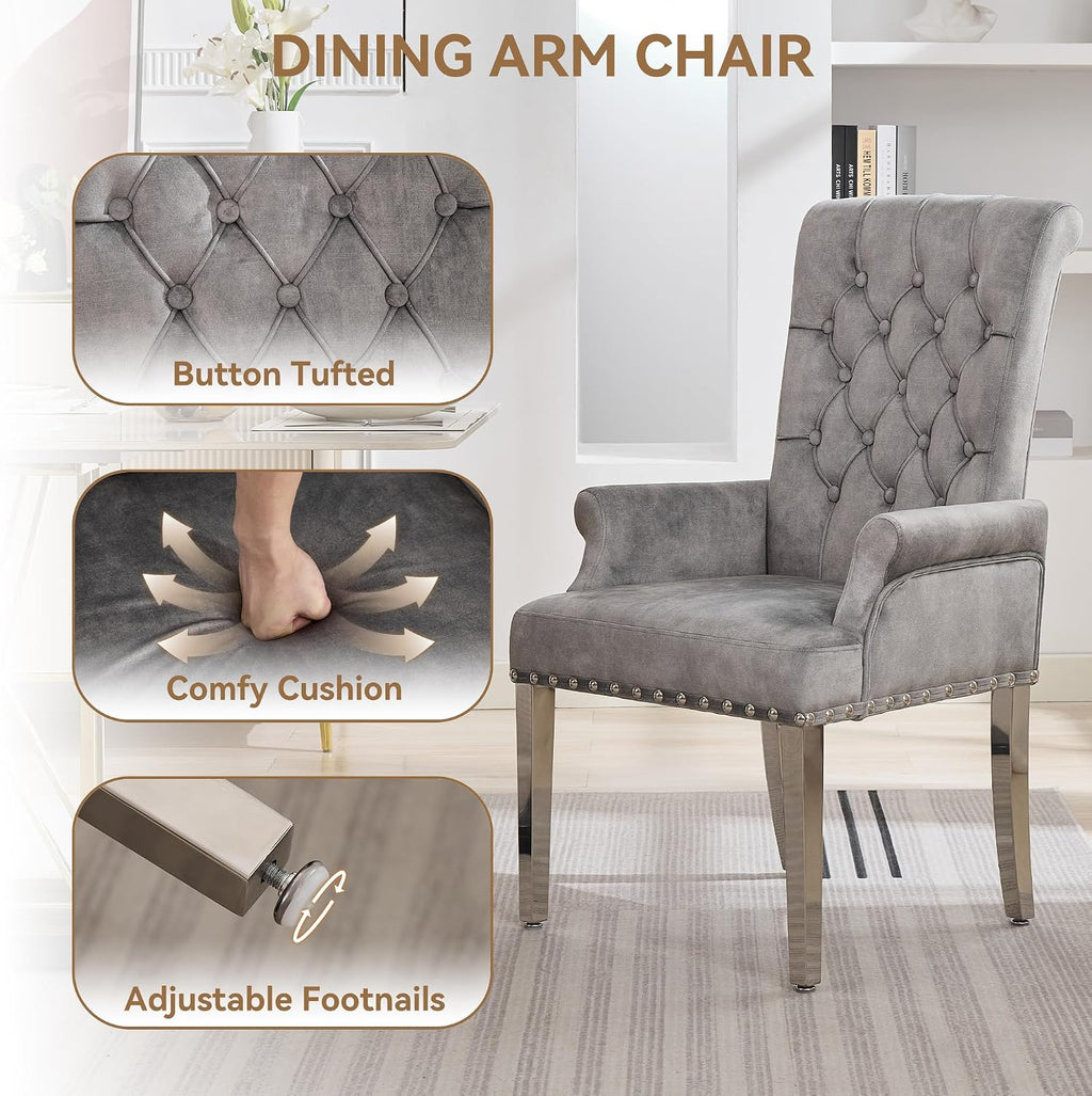 WUTUTUEE Velvet Dining Chair with Arms, Upholstered Tufted High Back Dining Room Chairs, Accent Armchair with Chrome Leg and Nailhead Trim, Kitchen Dining Living Room, Grey