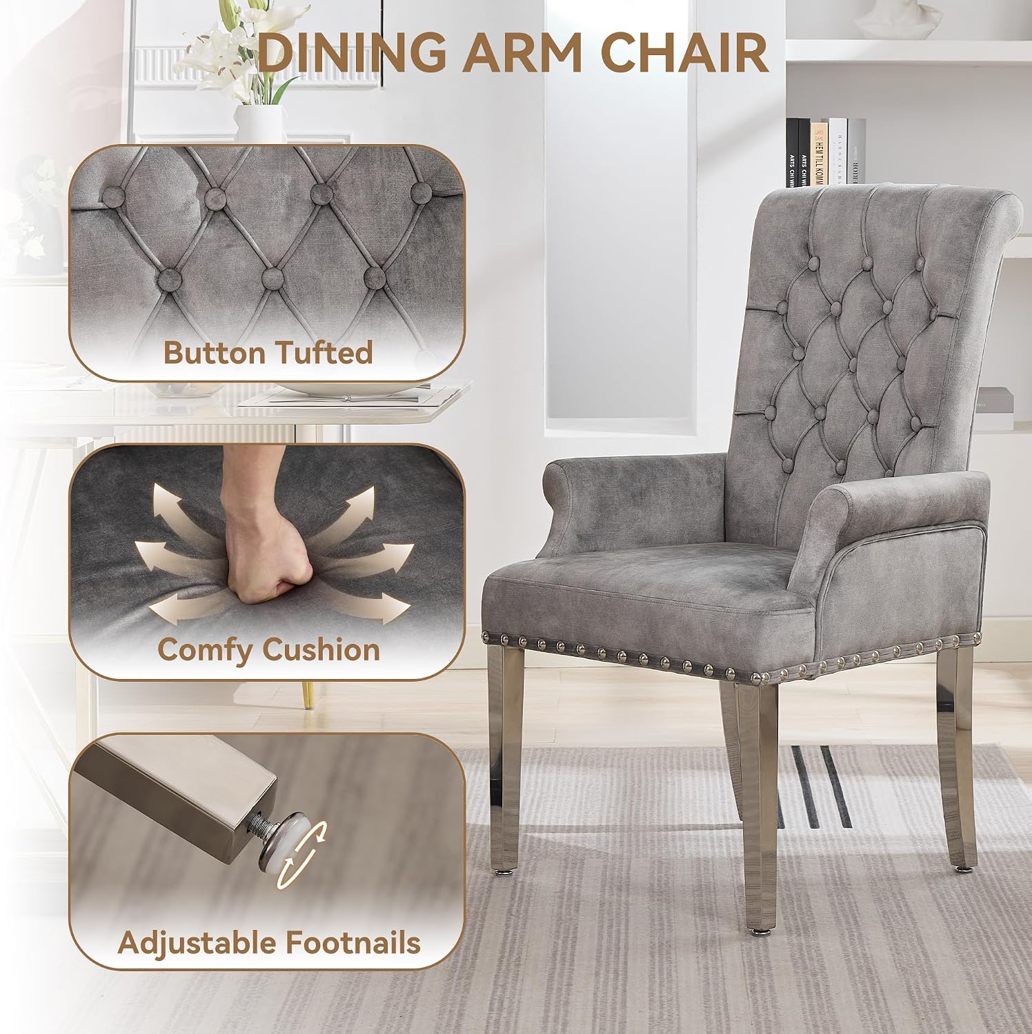 WUTUTUEE Velvet Dining Chair with Arms, Upholstered Tufted High Back Dining Room Chairs, Accent Armchair with Chrome Leg and Nailhead Trim, Kitchen Dining Living Room, Grey