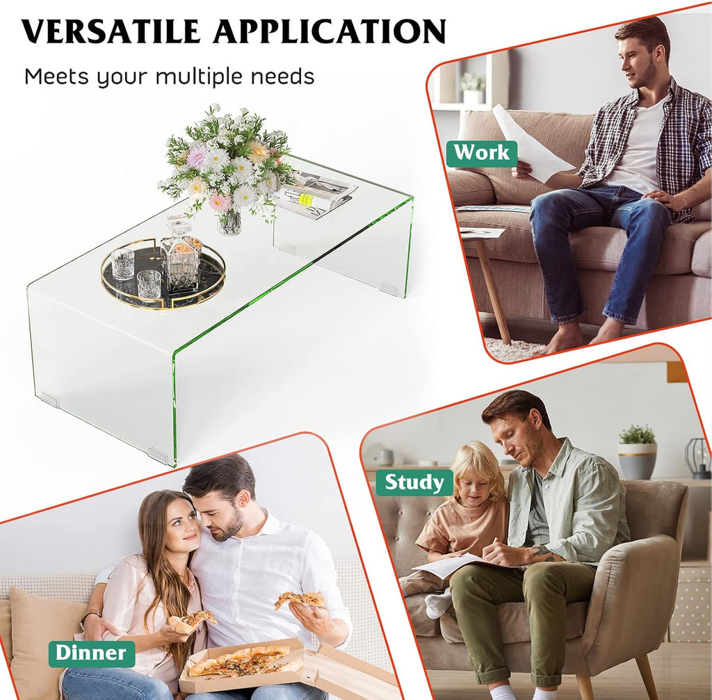 ReunionG Glass Coffee Table, Modern Clear Coffee Table with Rounded Edges, Transparent Tempered Glass Coffee Table, U-Shaped Side Table for Living Room Office, 42.5' x 20' x 14' (L x W x H)