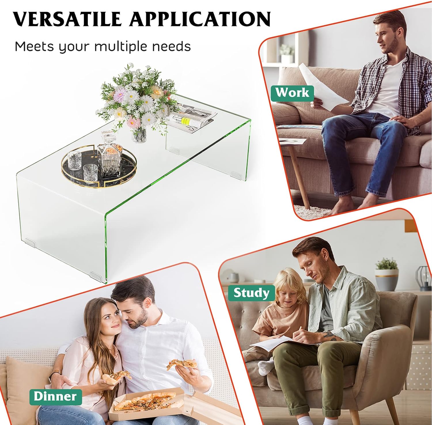 ReunionG Glass Coffee Table, Modern Clear Coffee Table with Rounded Edges, Transparent Tempered Glass Coffee Table, U-Shaped Side Table for Living Room Office, 42.5' x 20' x 14' (L x W x H)
