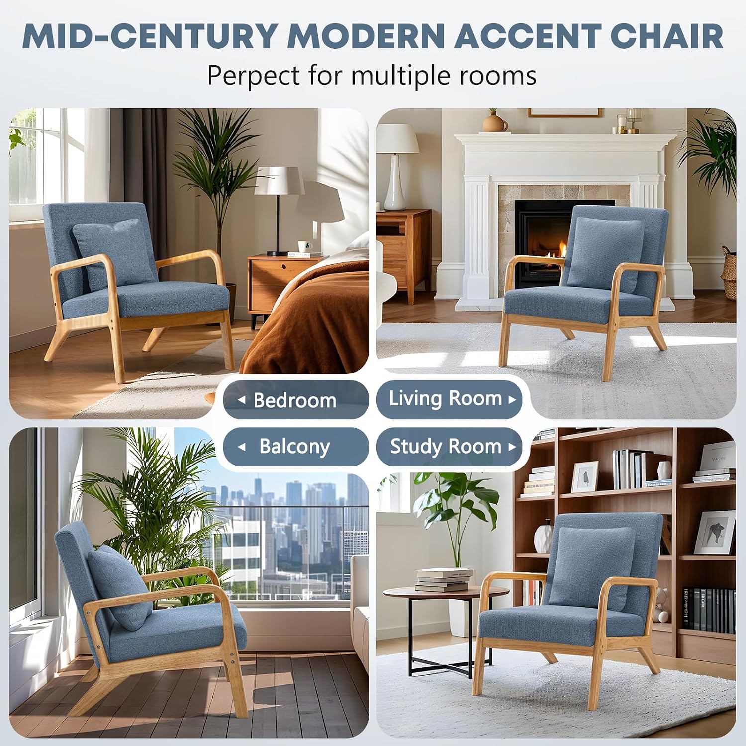 ELUCHANG Mid-Century Modern Accent Chair with Lumbar Pillow,Upholstered Armchair,Linen Fabric Comfy Reading Chair, Lounge Side Chair for Living Room Bedroom Apartment,Easy Assembly(Blue,2pcs)