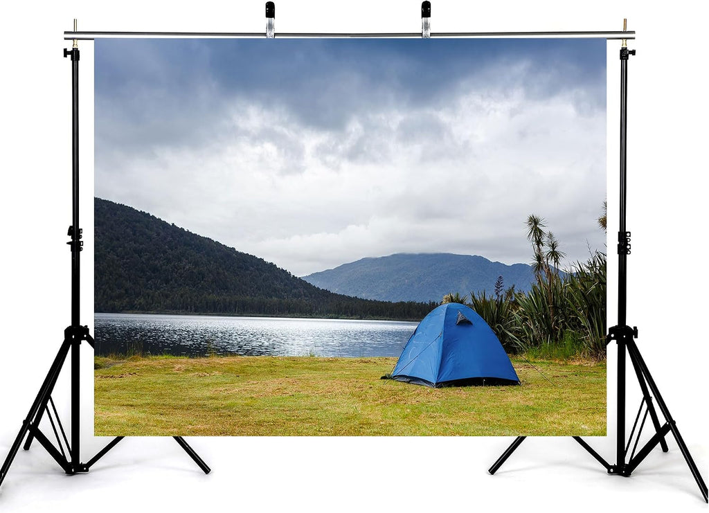 20x10ft Lake Camping Backdrop Blue Tent on Grass with Forested Mountains Photography Background for Outdoor Festival and Adventure Event Tapestry Decorations Banner Photo Booth Props