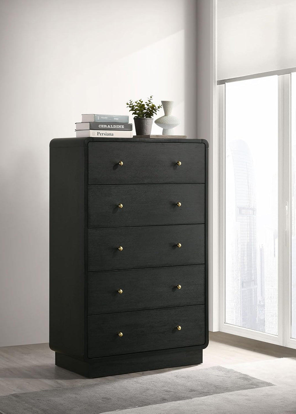 Coaster Home Furnishings - Cavelle - Wood - 5-Drawer Chest with Brass Ball Knobs, Flat Panel Fronts and Metal Glides - Mid-Century Modern - Bedroom - Black - 223665