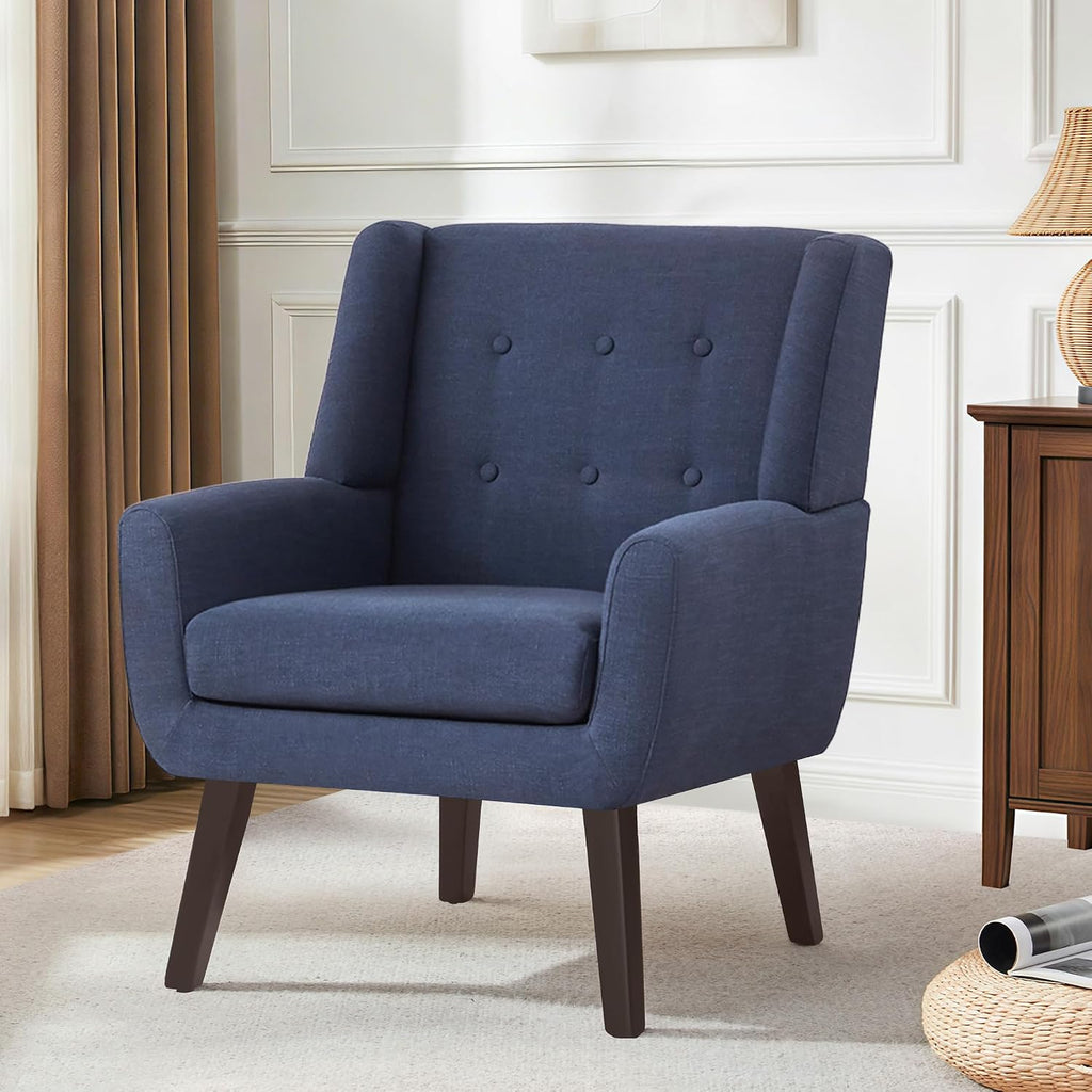 HUIMO Accent Chair Living Room Chair, Upholstered Button Tufted Armchair, Linen Fabric Sofa Chairs for Bedroom, Living Room, Mid Century Modern Comfy Reading Chair (Dark Blue)