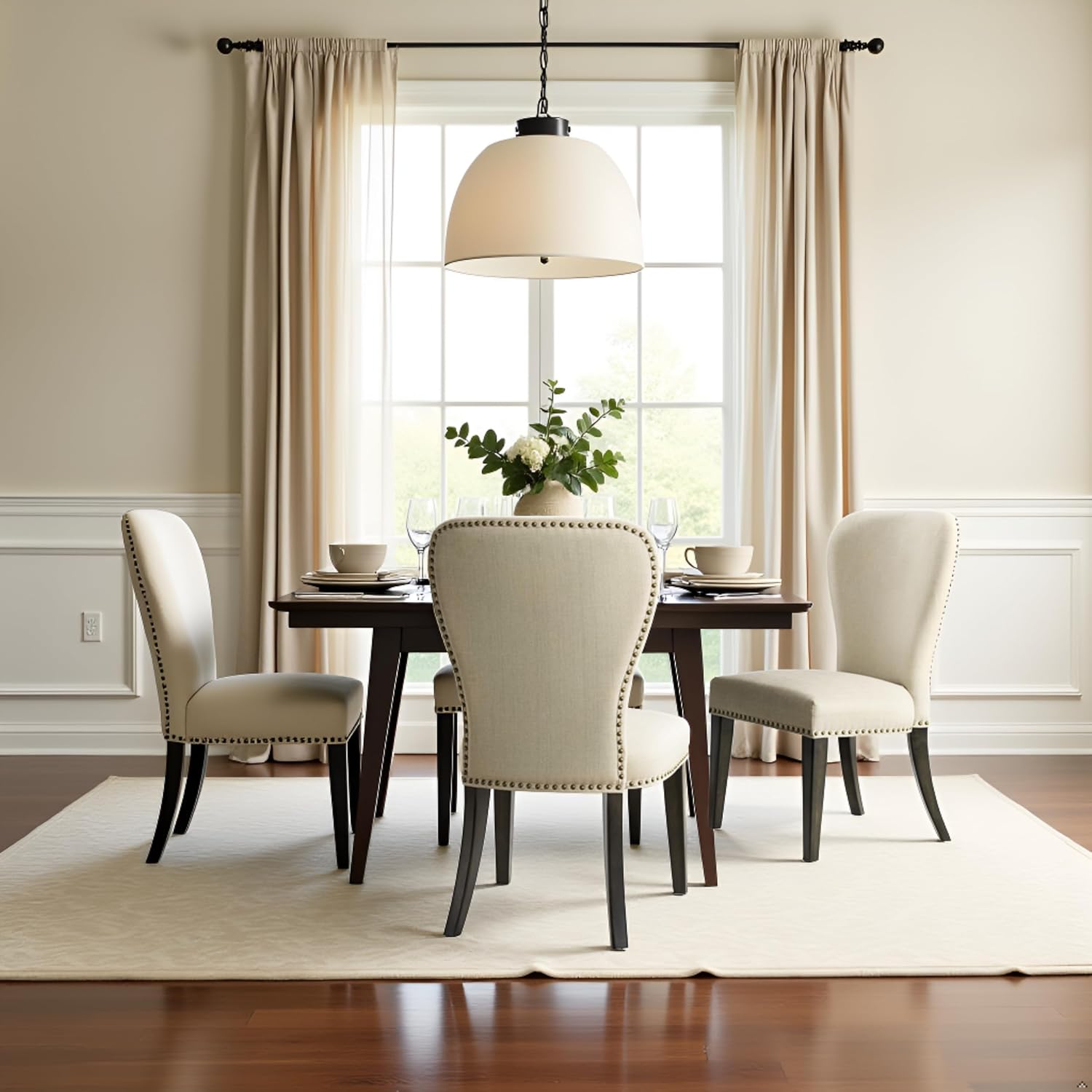 Savoy Upholstered Dining Chairs – Set of 2 Parsons Style Accent Chairs with Cream Linen Fabric, Nailhead Trim, and Dark Stained Legs – for Dining Room, Desk, or Sitting Area by Alaterre Furniture