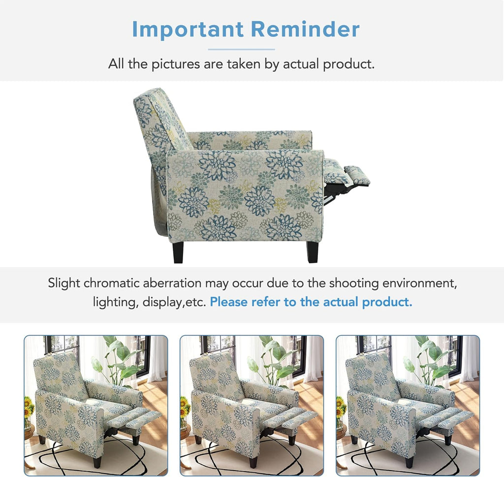 Christopher Knight Home Kenley Modern Fabric Upholstered Push Back Recliner Chair, Wooden Gliding Home Theater Seating, Comfy Reading Chair, Deep Seating Single Sofa Accent Chair, Mixed Blue
