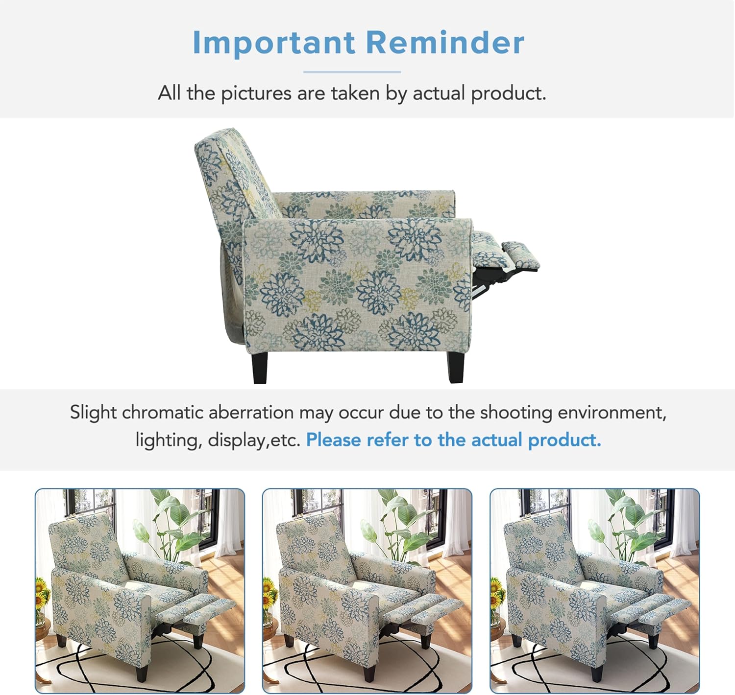 Christopher Knight Home Kenley Modern Fabric Upholstered Push Back Recliner Chair, Wooden Gliding Home Theater Seating, Comfy Reading Chair, Deep Seating Single Sofa Accent Chair, Mixed Blue