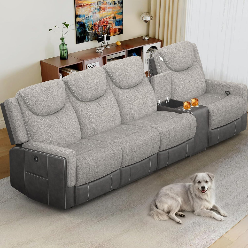 Dresegmt 4 Seat Recliner Sofa, Manual Recliner Couch with Storage Console, Cup Holder, USB Port & Reading Light, Grey Linen & PU Leather 4 Seater Sofa Recliner for Living Room, Theater Seating