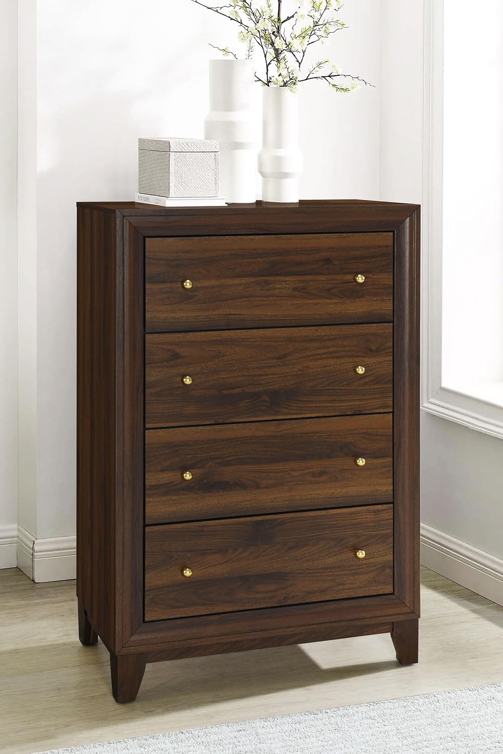 Coaster Home Furnishings - Welsley - Wood - 4-Drawer Chest with Gold Knobs, Mitered Trim and Angular Block Legs - Transitional - Bedroom - Walnut - 223445