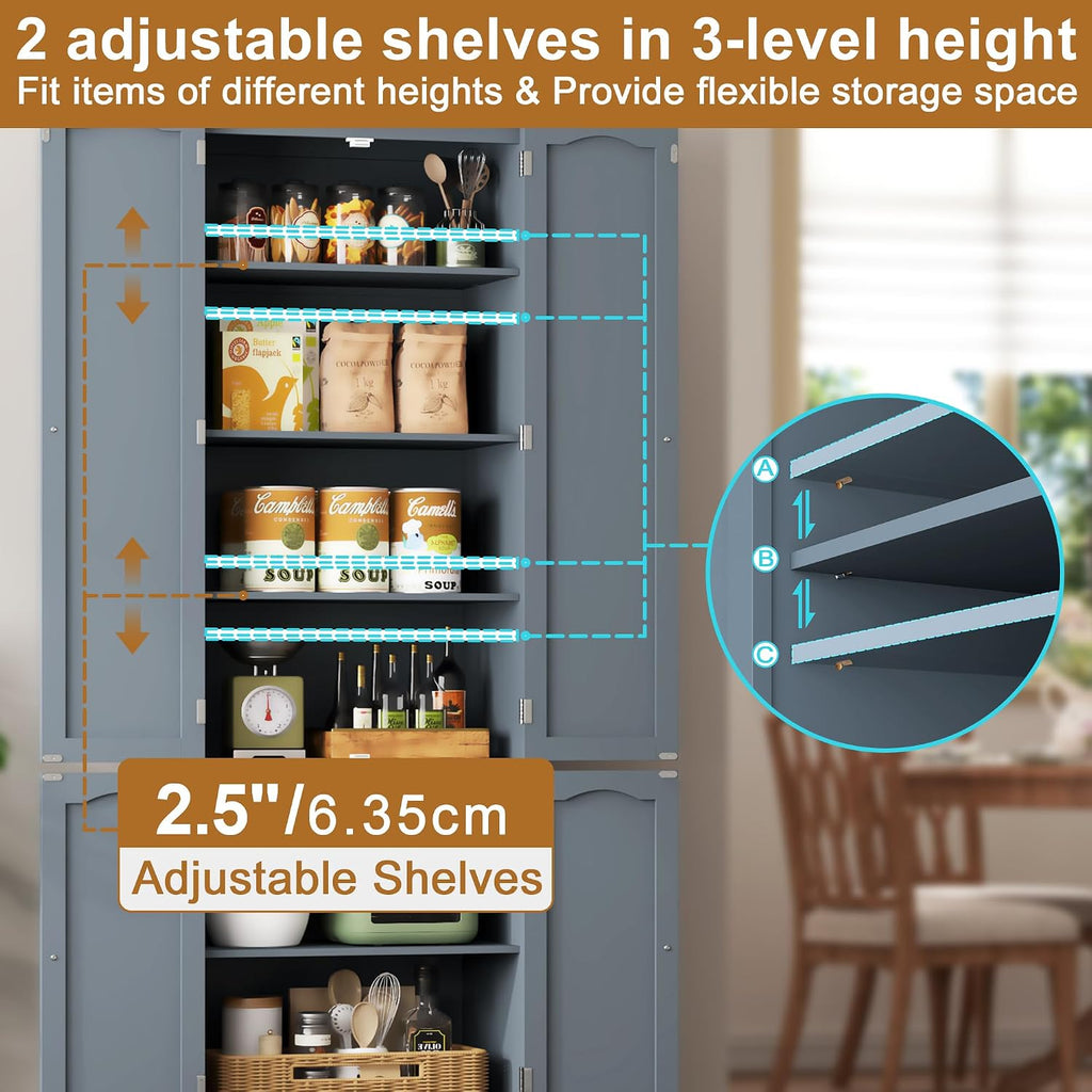 Function Home Tall Pantry Cabinet, Freestanding Storage Cabinet, Wooden Kitchen Pantry with 4 Doors and 5 Shelves, 72' Floor Cabinet Organizer for Kitchen Living Room Bathroom, Grey