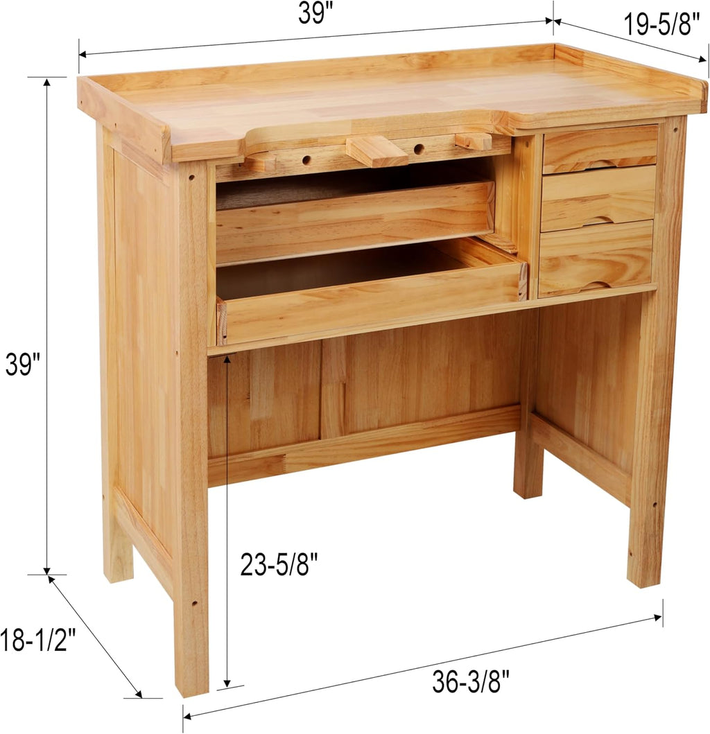 Montary 39-Inch Solid Wood Jewelry Workbench - Heavy Duty Jewelry Bench with Mandrel Tray & Metal Liner Pan & Practical Storage Drawers for Jewelry Making & Repair Station