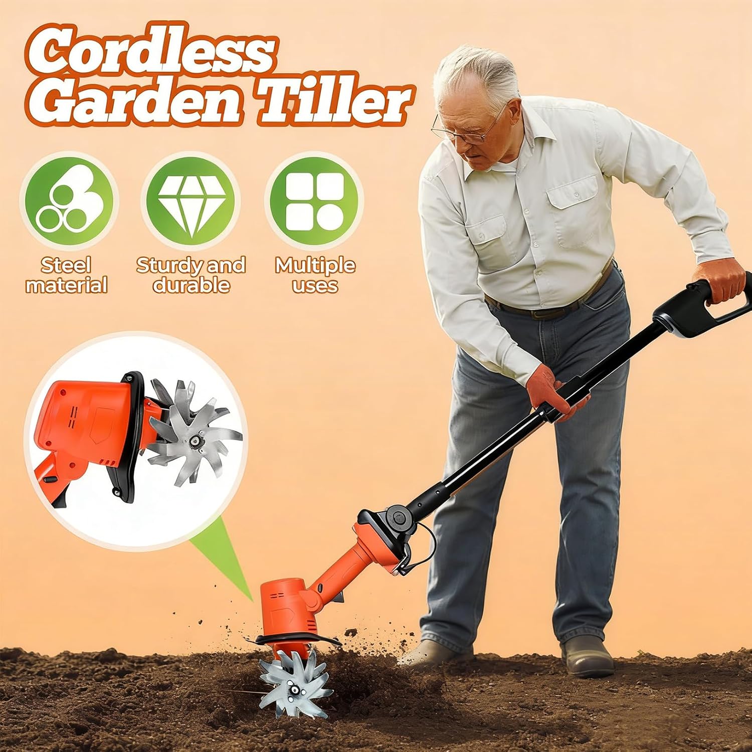 21V Cordless Tiller for Gardening, 360 RPM Electric Garden Tiller, 2-in-1 Powered Mini Cultivator with 2×2.0Ah Batteries & Charger, 5' Tilling Width, 4' Depth, for Lawn/Soil Cultivation (with Pole)