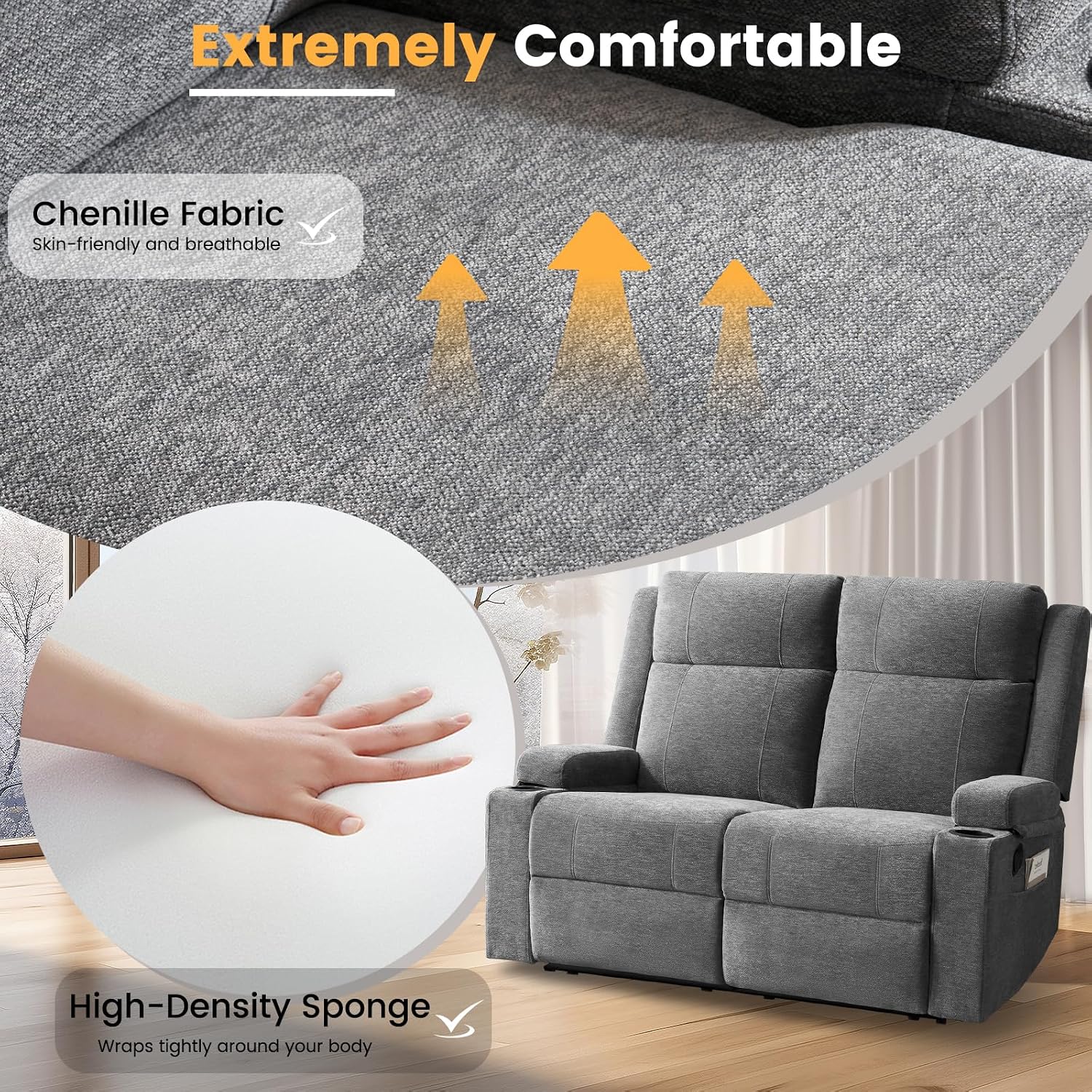 Loveseat Recliner, Double Recliner Loveseat with Adjustable Footrest & Cup Holder, Wall Hugger Recliner for Living Room & Home Theater & RV(Gray)
