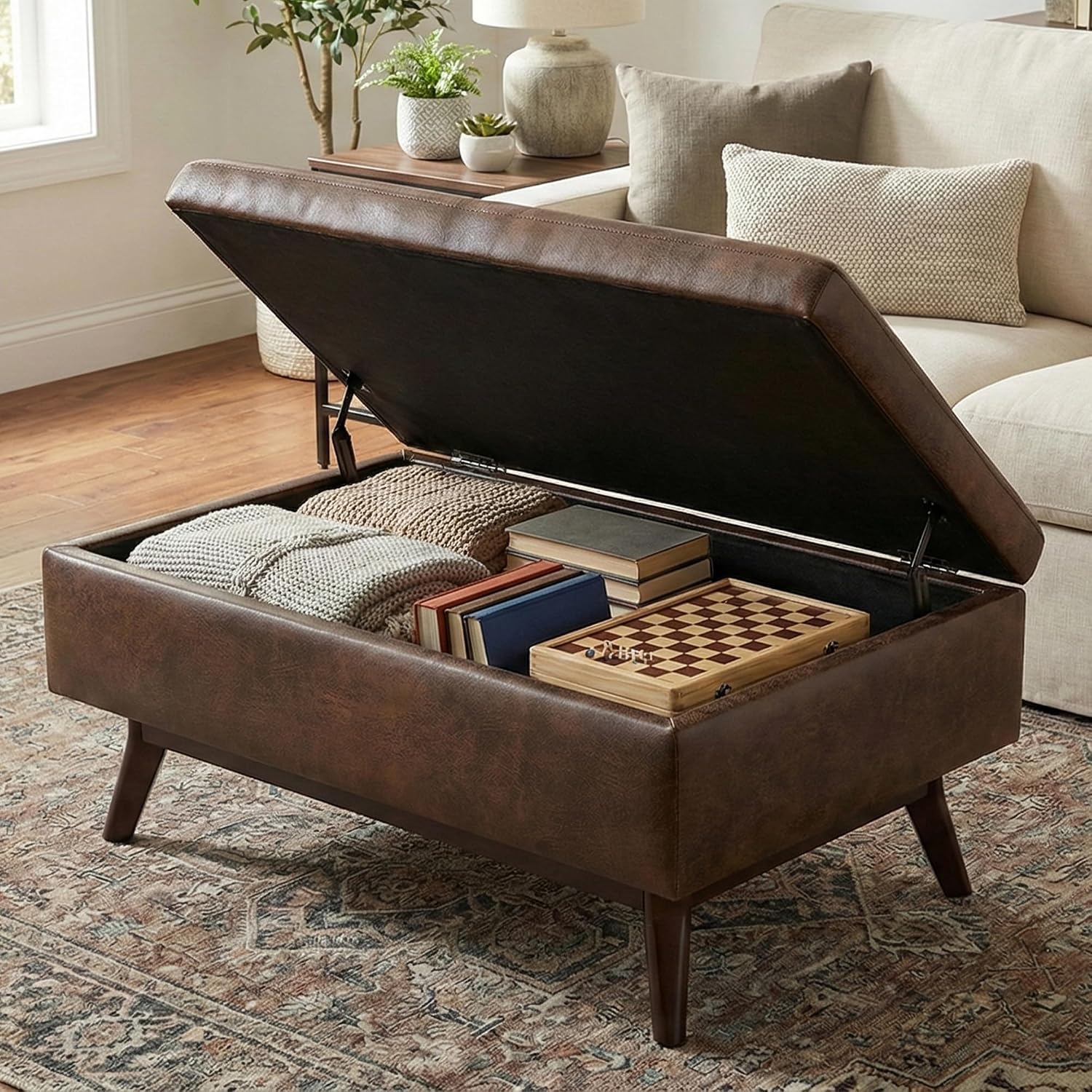 SIMPLIHOME Owen Coffee Table Storage Ottoman - 34' Wide x 19' High Upholstered Vegan Leather Rectangular Lift-Top Ottoman in Distressed Chestnut Brown, Mid-Century Modern Bench with Tapered Legs