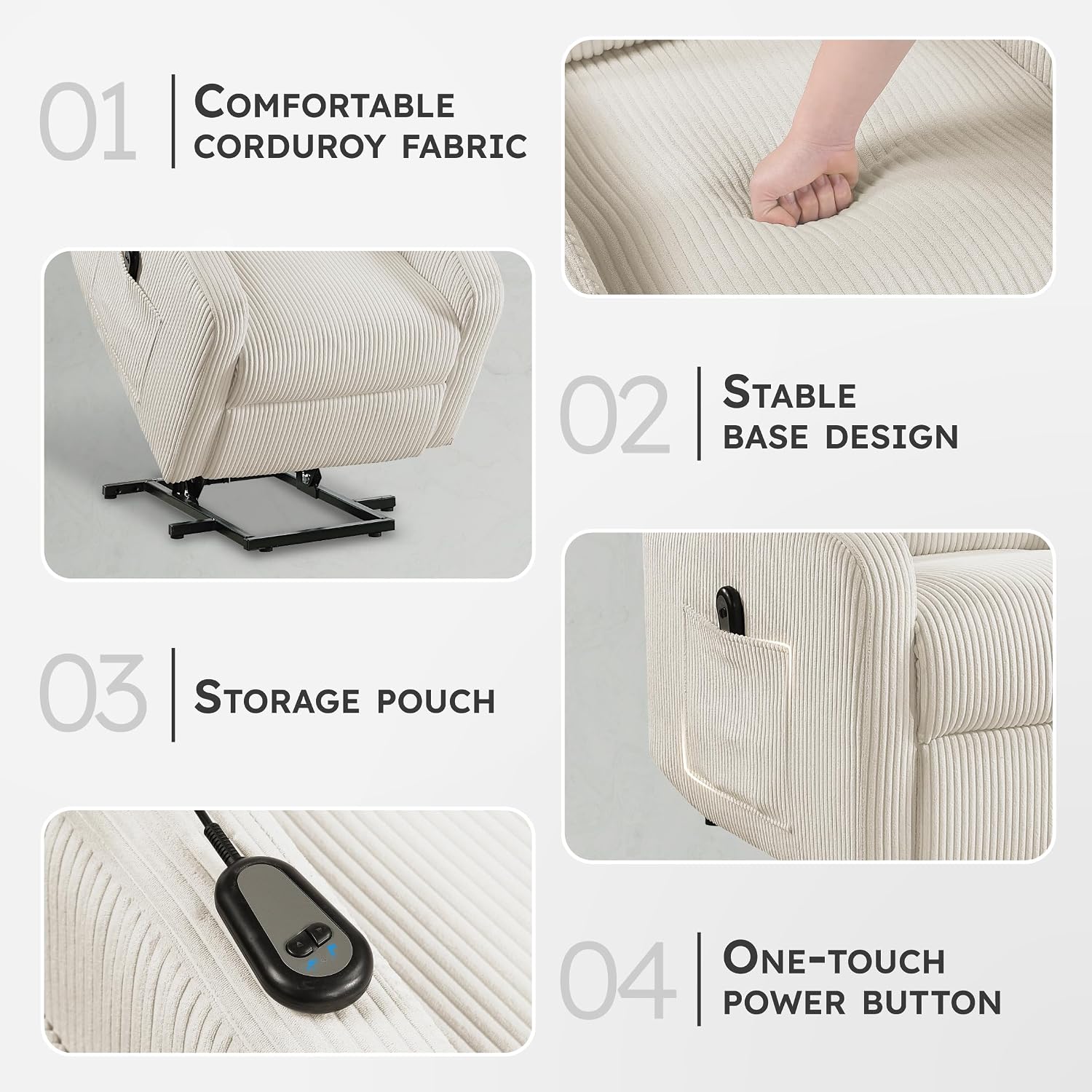 Lexicon Power Lift Recliner Chair for Elderly with Remote Control, Gentle Lift Motion, Side Pocket Armrest, Corduroy Upholstered Electric Recliner for Living Room/Bedroom, Easy Assembly, Beige