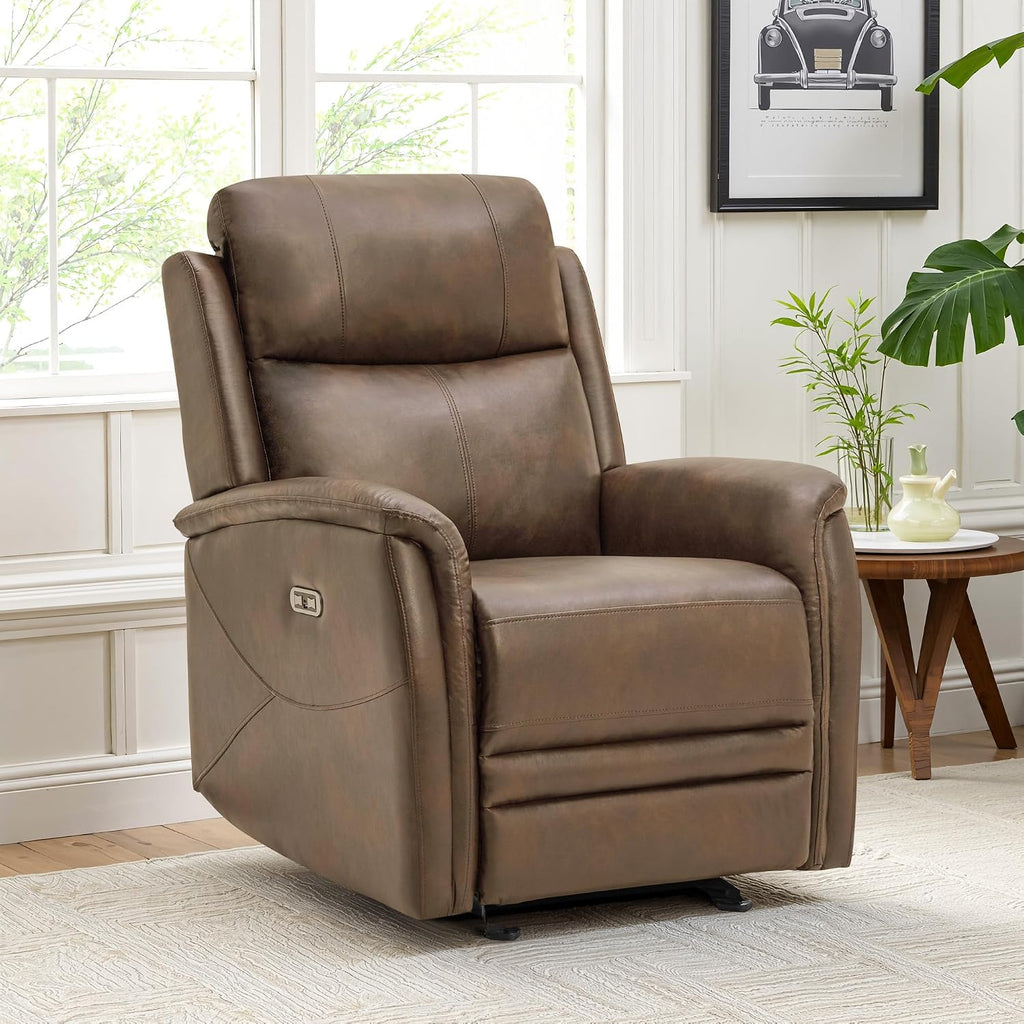 MROYAL Recliner Chair with USB & Type-C Port Faux Leather Recliner Chairs for Adults Recliner Sofa with Adjustable Footrest Recliner Chairs for Living Room, Office, Bedroom, Small Spaces, Brown