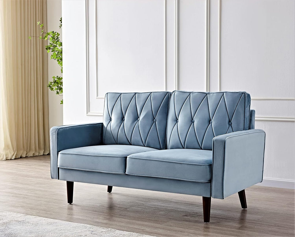 Container Furniture Modern Style Tufted Velvet Couches for Living Room with Soft Fabric Upholstery and Solid Wood Frame, 2 Piece Sofa and Loveseat Set, Light Grayish Cyan