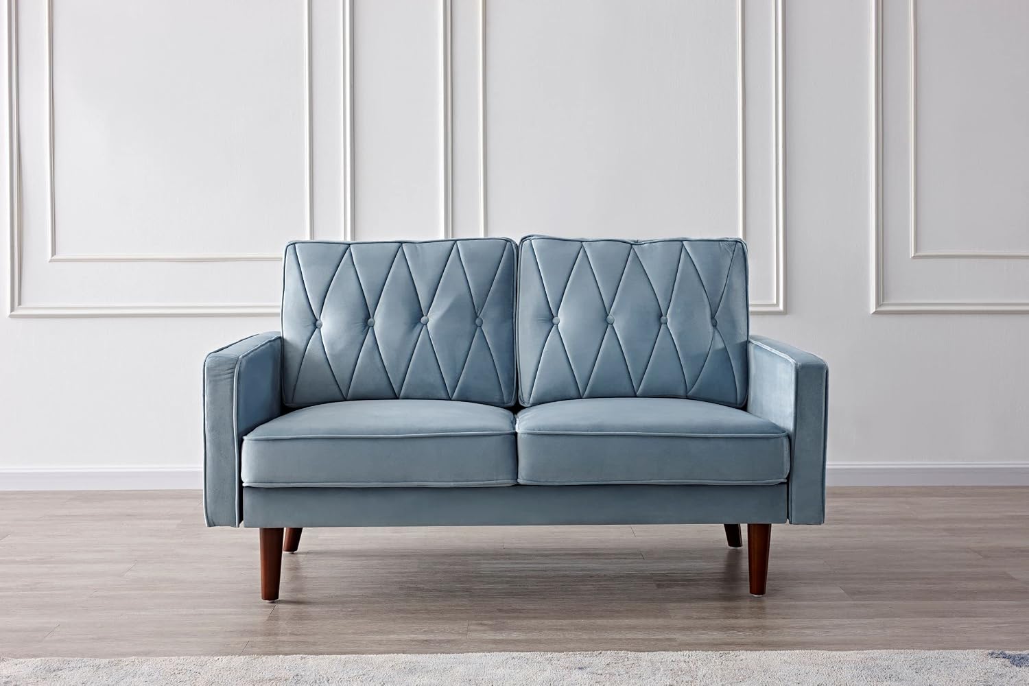 Container Furniture Modern Style Tufted Velvet Couches for Living Room with Soft Fabric Upholstery and Solid Wood Frame, 2 Piece Sofa and Loveseat Set, Light Grayish Cyan