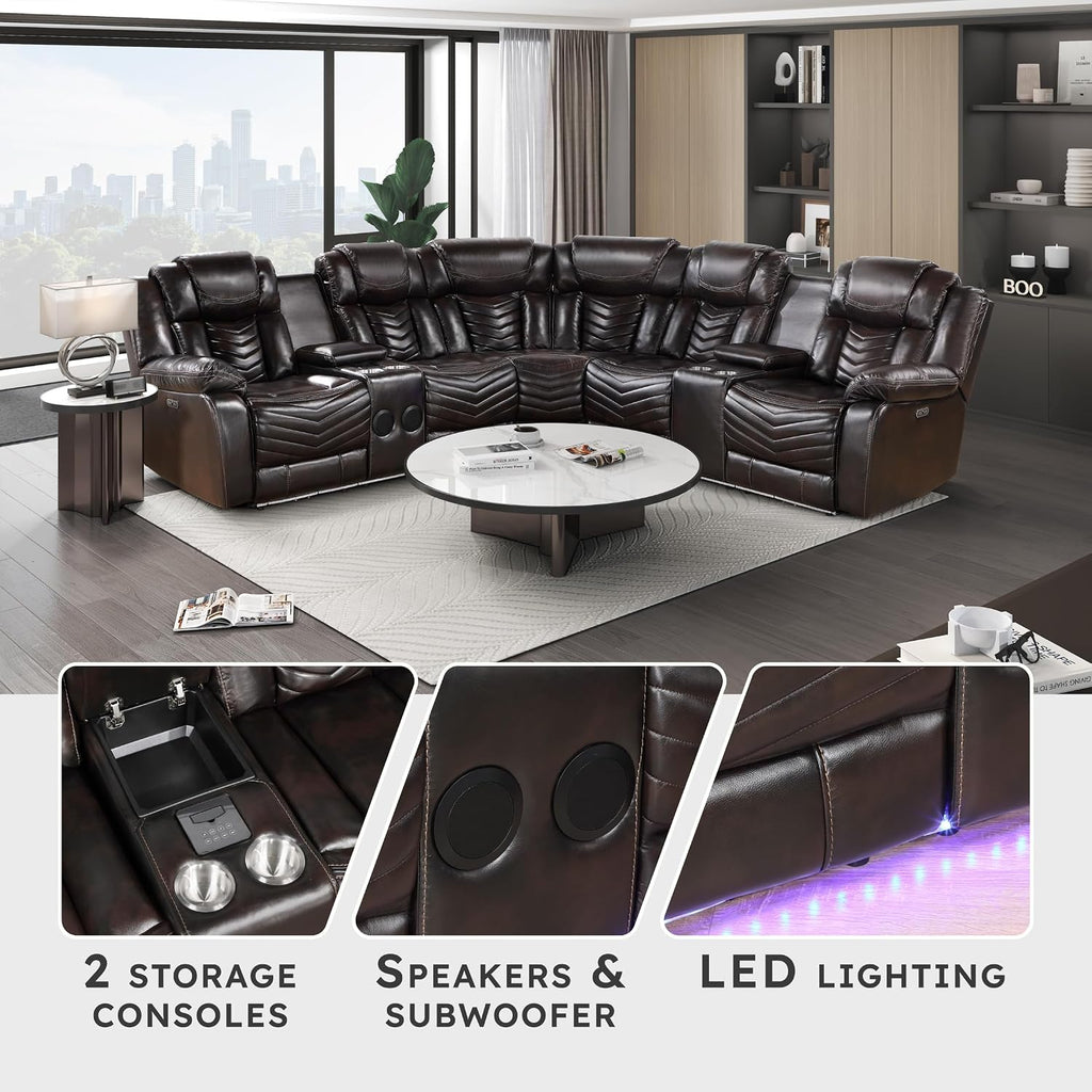 Lexicon Modern 3-Piece Power Reclining Sectional Sofa, Wall Hugger Faux Leather Sectional Couch, with Consoles, Speakers, Subwoofer and Led Lighting, for Living Room/Office/Apartment, Dark Brown