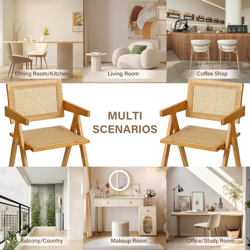 Furlide Rattan Dining Chairs Set of 2, Modern Mid Century Accent Chairs, Comfy Armchairs, Outdoor Rattan Chairs with Armrest for Bedroom Living Room Reading Room Dining Kitchen