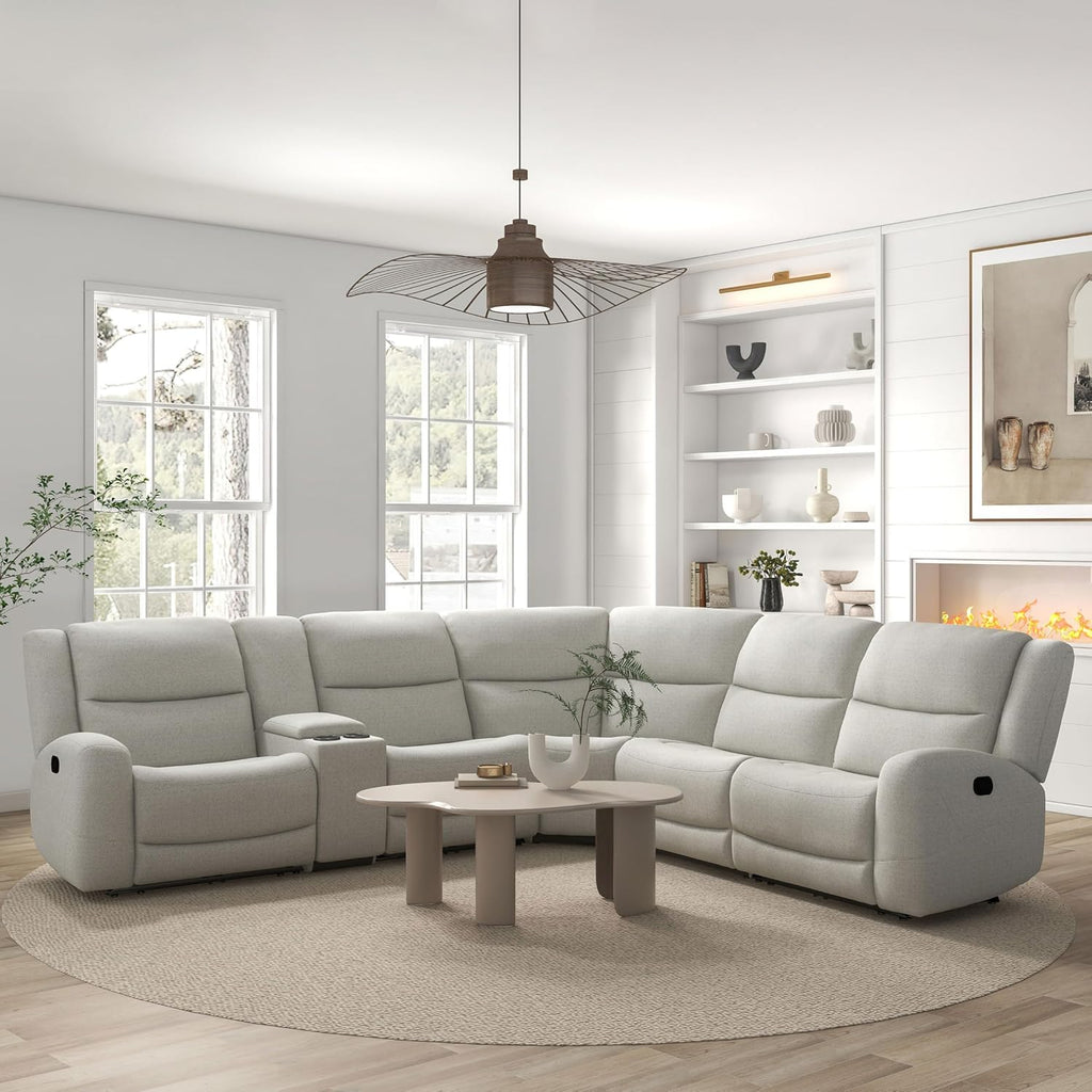 Furniture of America Muriel Modern Fabric Reclining Sofa with Center Console, Cup Holders and Arm Storage, Comfy U Shape Sectional Couch for Living Room, Office, Bedroom, Beige