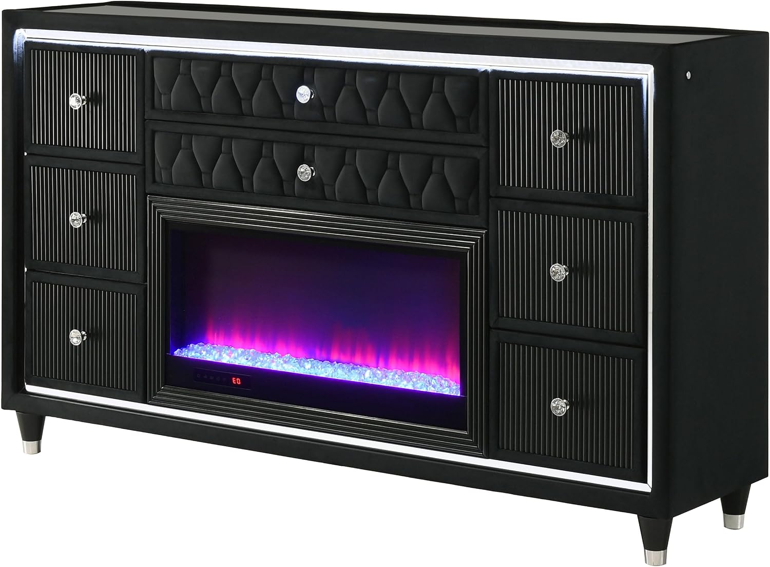 Coaster Home Furnishings - Lorient - Wood and Velvet - 8-Drawer Dresser with Flame Box, LED Lighting, Crystal Knobs and Traditional Style - Bedroom - Black - 223163FB