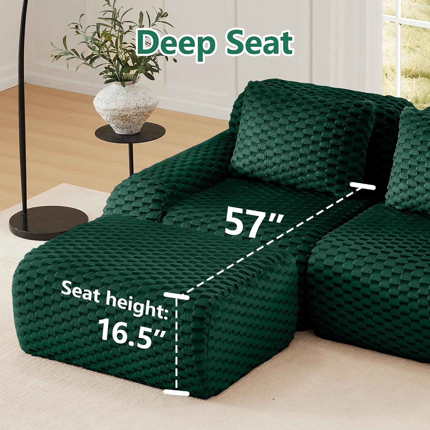 KEIKI 114' Oversized 3-Seater Boneless Couches for Living Room, Compact Modular Sectional Velvet Sofa, Deep Seat Cozy Foam Lounge Couch No Assembly for Apartment Space, Modern Comfort Design, Green
