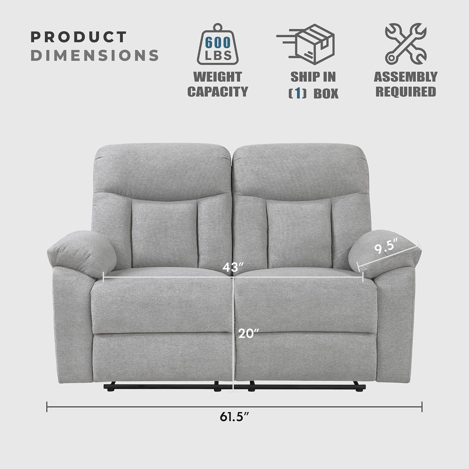 Lexicon Manual Double Recliner Loveseat for Living Room, Chenille Fabric Upholstered Reclining Sofa, Home Theater Seating, Easy Assembly, Recliner Love Seat Couch, Gray