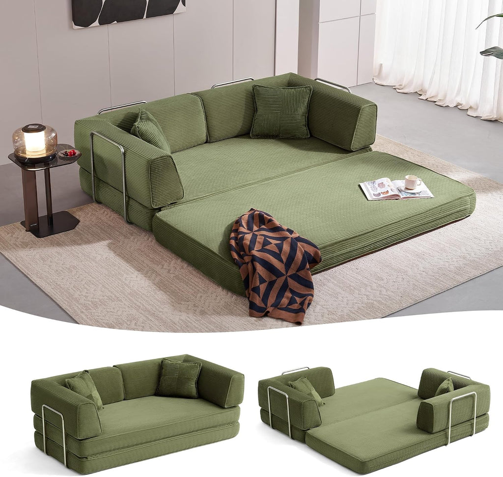 LINSY HOME Sofa Bed Couch - Convertible Boneless Couch Bed with 2 Pillow (Green) | Folding Sofa Bed