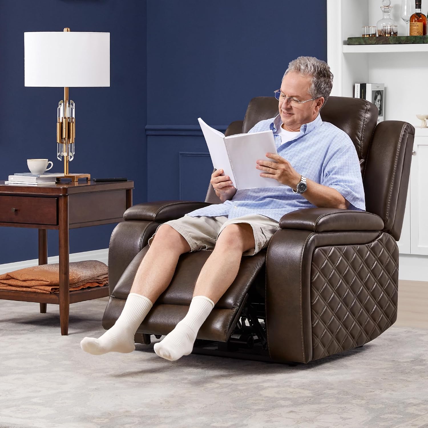 Watson & Whitely Genuine Leather Power Recliner Chairs for Adults, Zero Gravity Recliner with Power Headrest & Hidden Storage, Electric Reclining Sofa Chair for Living Room, Home Office, Dark Brown