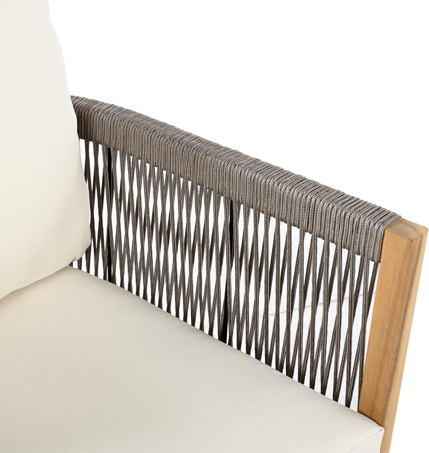Christopher Knight Home Havets 77'W Outdoor 3 Seater Sofa, 6' Thick Cushion Couch, Acacia Wood Bench Sofa, Comfy Woven Rope Armchair, Spacious Seating Bench Couch for Backyard Garden Porch, Gray+Beige