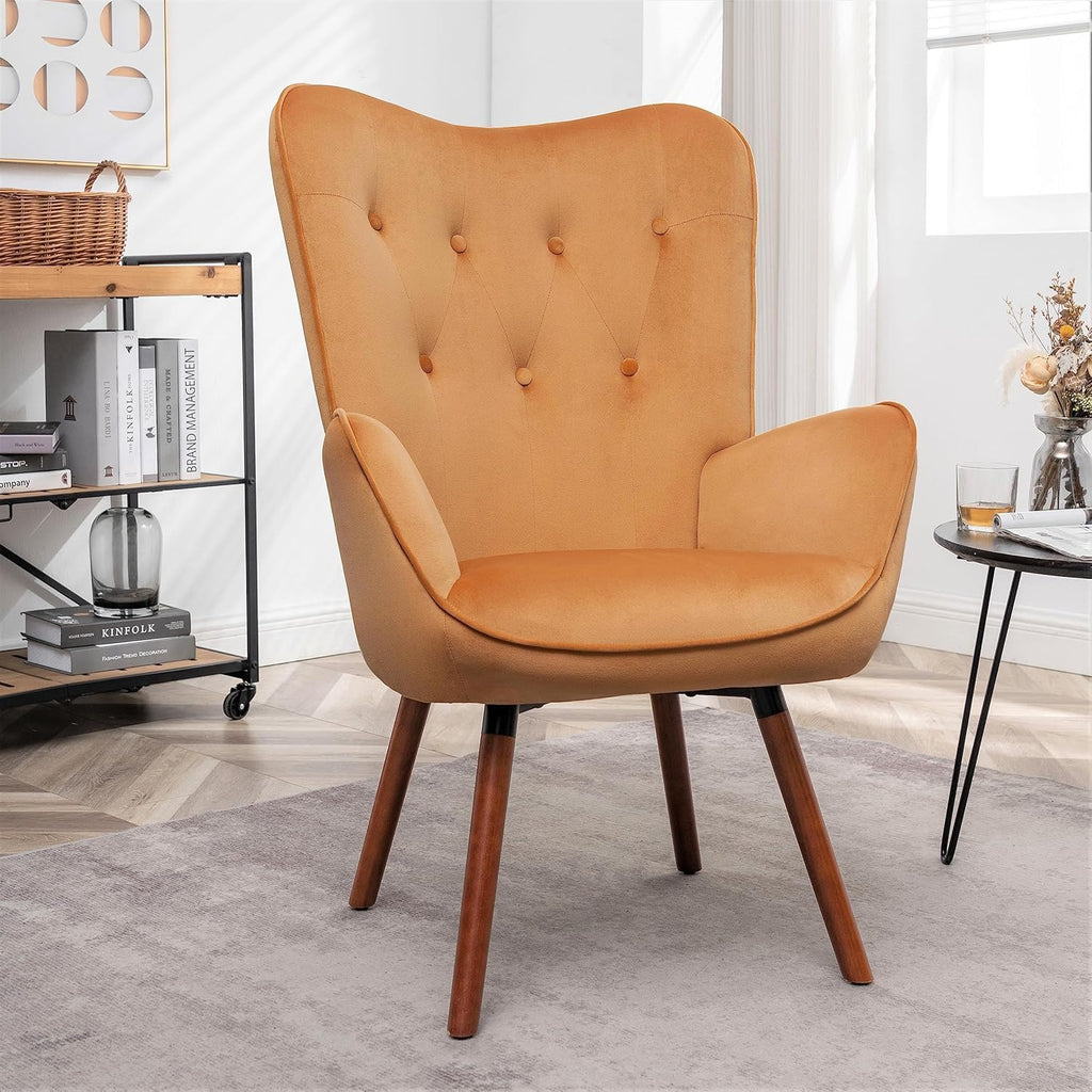 Container Furniture Direct Chic Accent Arm Chairs for Living Room, Bedroom, or Home Office, Button-Tufted Midcentury Armchair with Wingback Design and Splayed Legs, Mustard Yellow