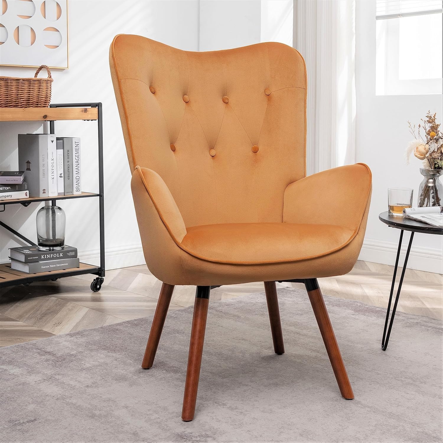 Container Furniture Direct Chic Accent Arm Chairs for Living Room, Bedroom, or Home Office, Button-Tufted Midcentury Armchair with Wingback Design and Splayed Legs, Mustard Yellow