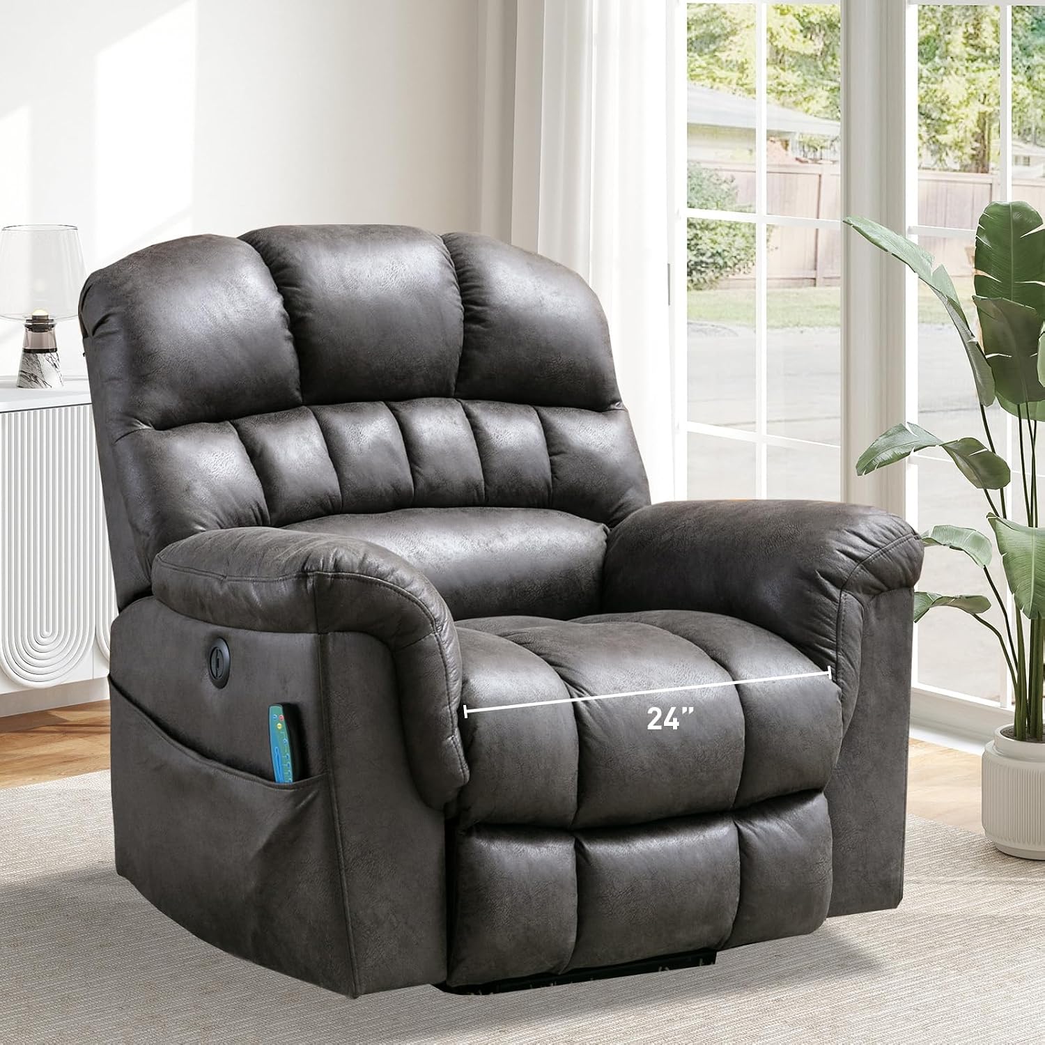 Bonzy Home Power Lift Chairs Recliner for Elderly, Electric Recliner Chair with Heat and Massage, 24' Wide Seat for Big People, Comfortable Backrest, Faux Leather, USB Charging Ports, Grey
