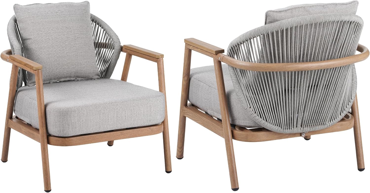 Christopher Knight Home Vine Iron Patio Club Chair Set of 2, Outdoor Accent Chair with Cushions, Wooden Patio Armchair, Ergonomic Comfy Reading Chair for Balcony, Backyard, Garden, Teak Finish