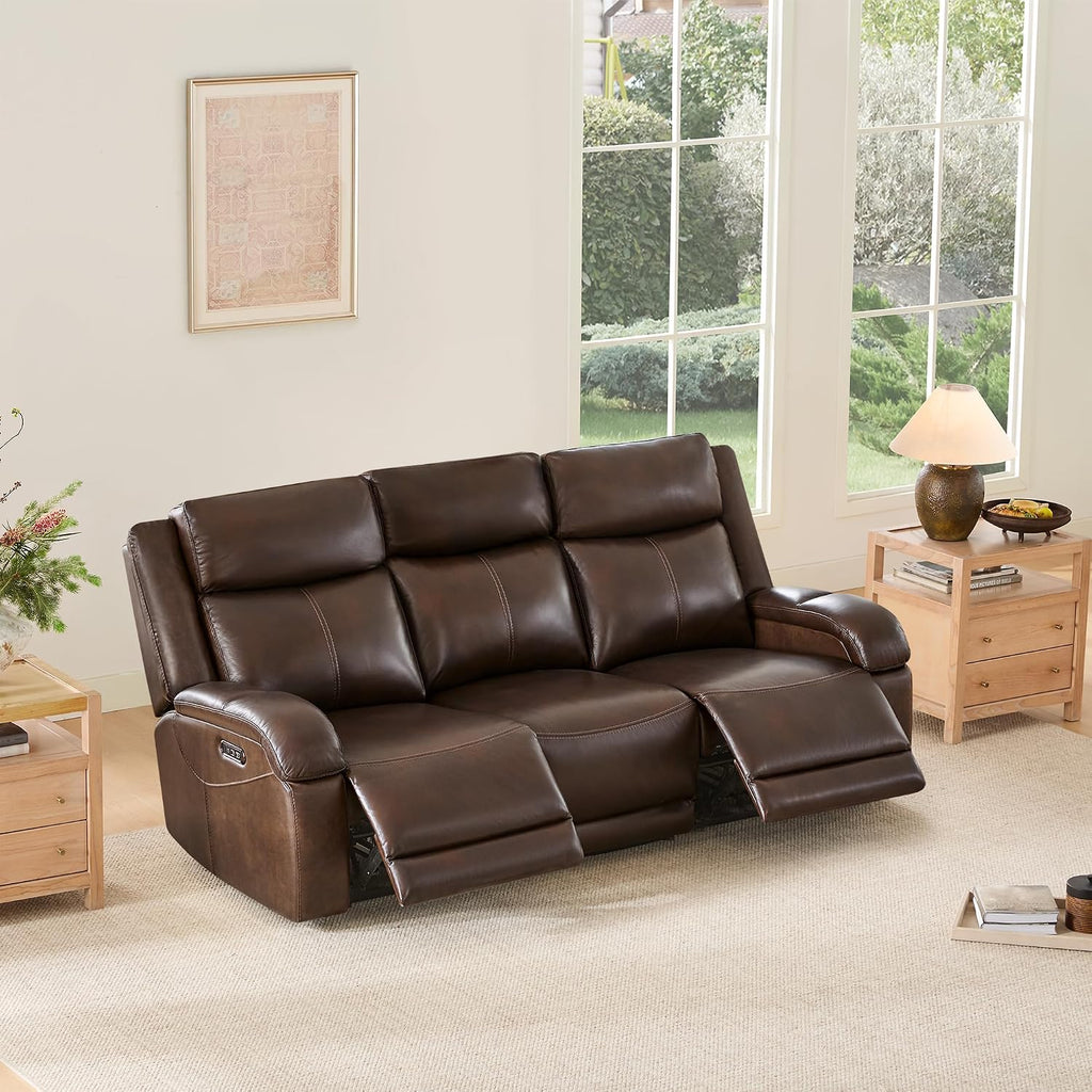 Watson & Whitely Genuine Leather Power Recliner Sofa, 3 Seater Wall Hugger Reclining Sofas with Power Headrest, USB & TypeC Ports, Electric Recliner Couch Set for Living Room, Dark Brown