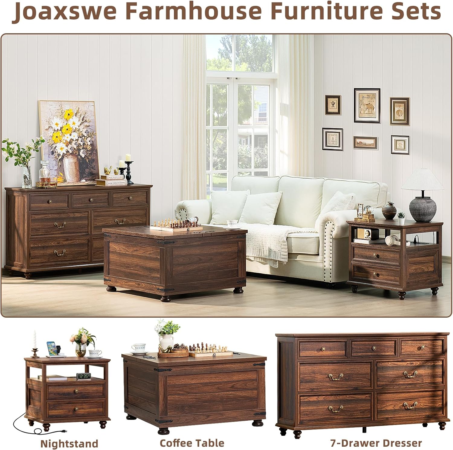 Joaxswe Farmhouse Coffee Table with Hidden Storage,Large Square Center Table for Living Room,Retro Cocktail Tables with Flip-Top Lids, Farm House Tables with Wooden Gourd Feet for Home,Brown Walnut