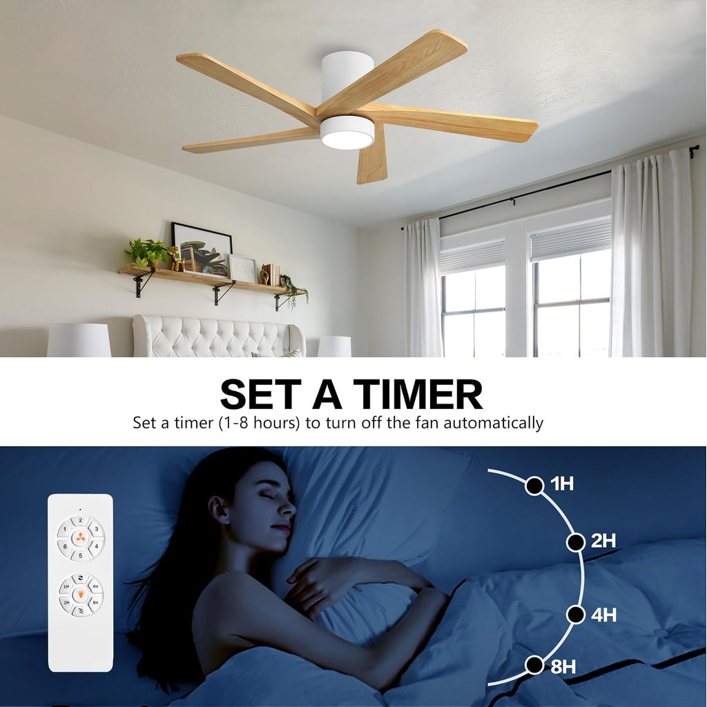 WINGBO 48 Inch Flush Mount DC Ceiling Fan with Lights and Remote, 5 Reversible Carved Wood Blades, 6-Speed Noiseless DC Motor, Hugger Ceiling Fan in White Finish with Oak Blades, ETL Listed