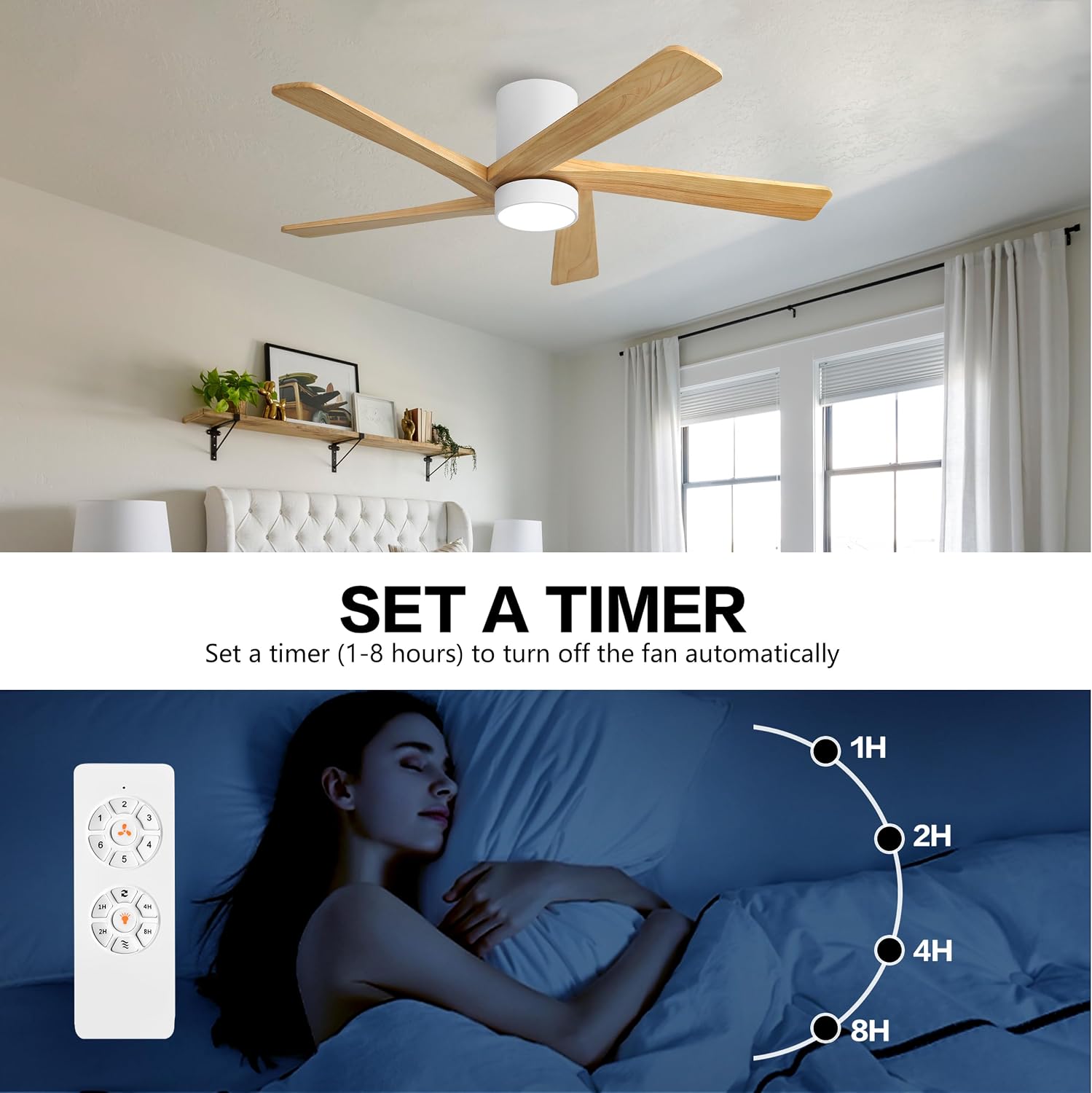 WINGBO 48 Inch Flush Mount DC Ceiling Fan with Lights and Remote, 5 Reversible Carved Wood Blades, 6-Speed Noiseless DC Motor, Hugger Ceiling Fan in White Finish with Oak Blades, ETL Listed