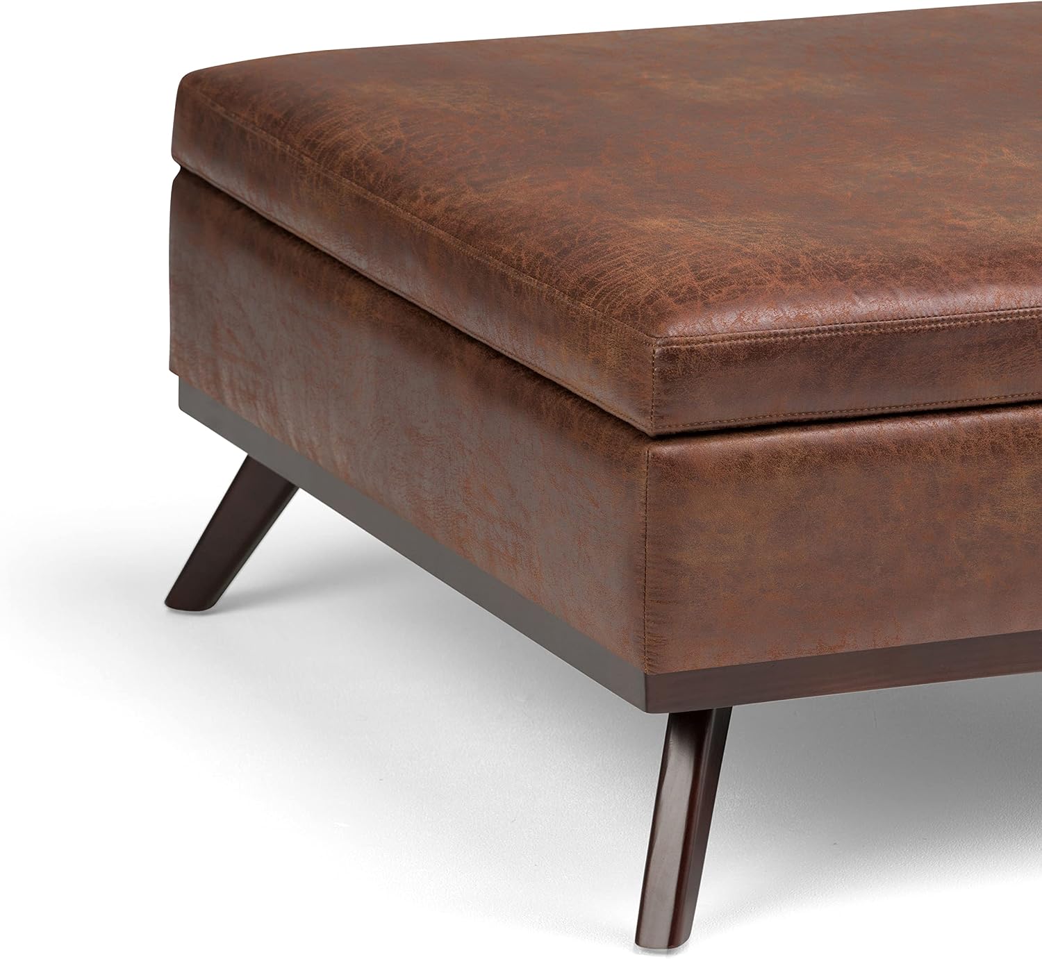 SIMPLIHOME Owen Square Coffee Table Storage Ottoman - 36 inch Wide Upholstered Vegan Leather Lift-Top Ottoman in Distressed Saddle Brown, Mid-Century Modern Ottoman for Living Room with Tufted Detail