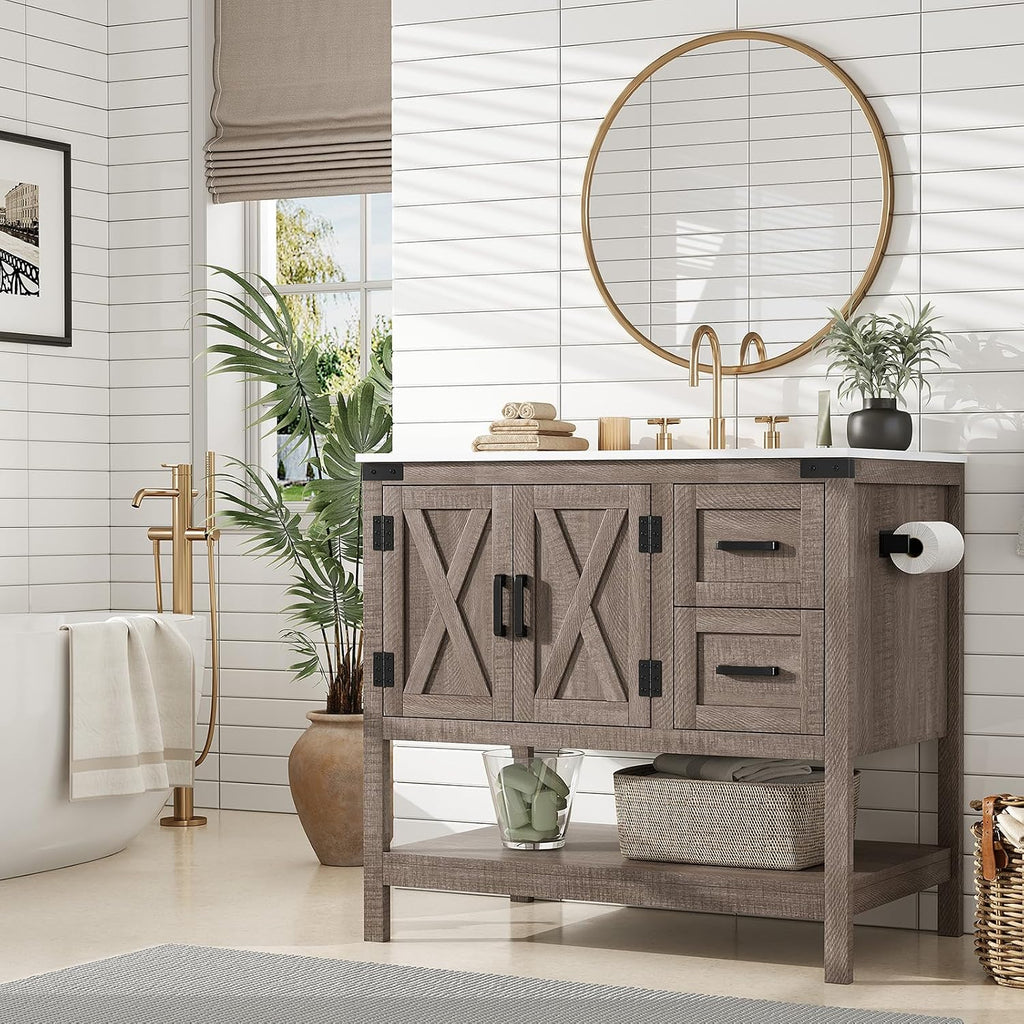 AMERLIFE 36' Farmhouse Bathroom Vanity with Sink Combo, Wood Barn Door Freestanding Small Single Bath Storage Cabinet Set with Sliding Drawers & Open Shelf, Paper Towel Holder, Light Gray