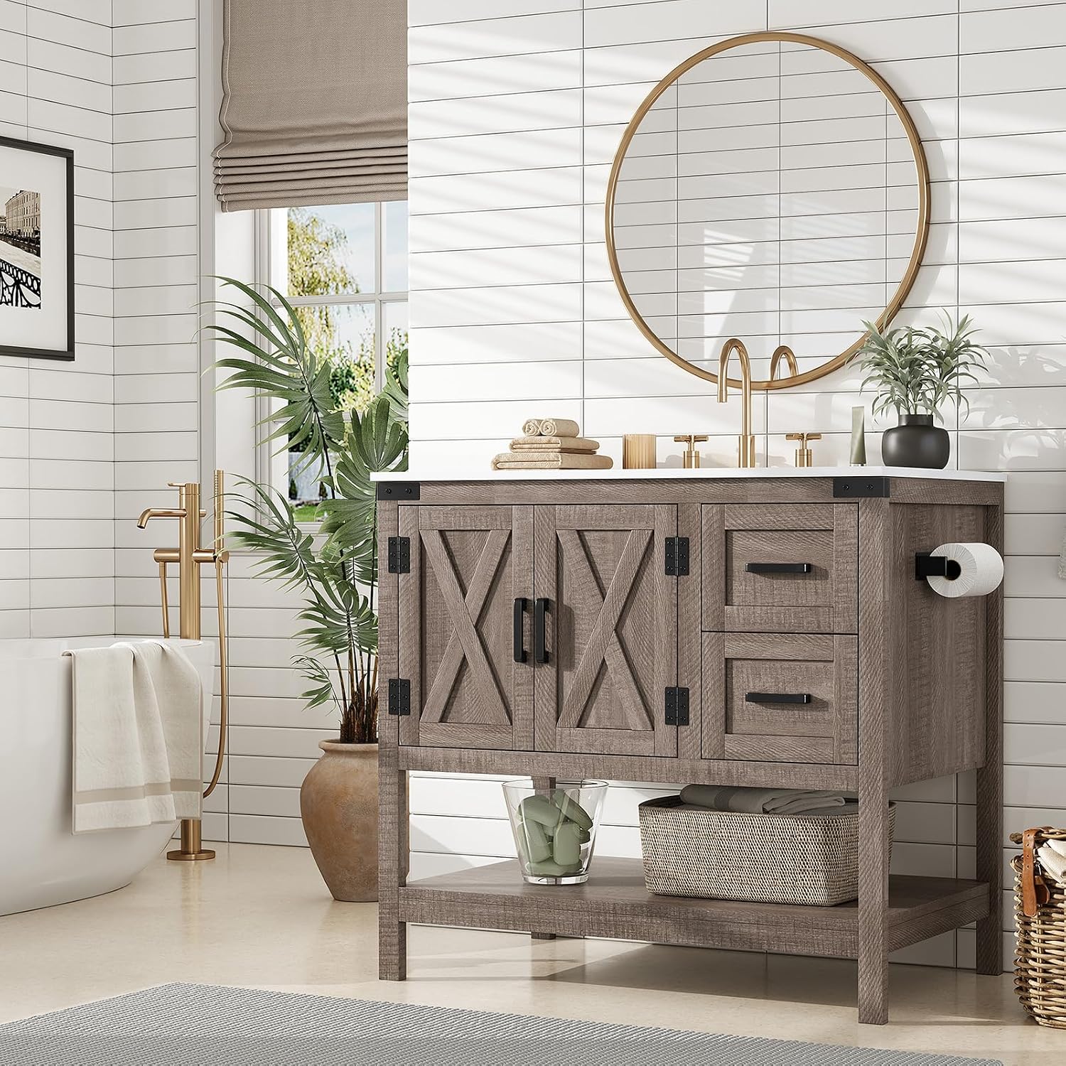 AMERLIFE 36' Farmhouse Bathroom Vanity with Sink Combo, Wood Barn Door Freestanding Small Single Bath Storage Cabinet Set with Sliding Drawers & Open Shelf, Paper Towel Holder, Light Gray