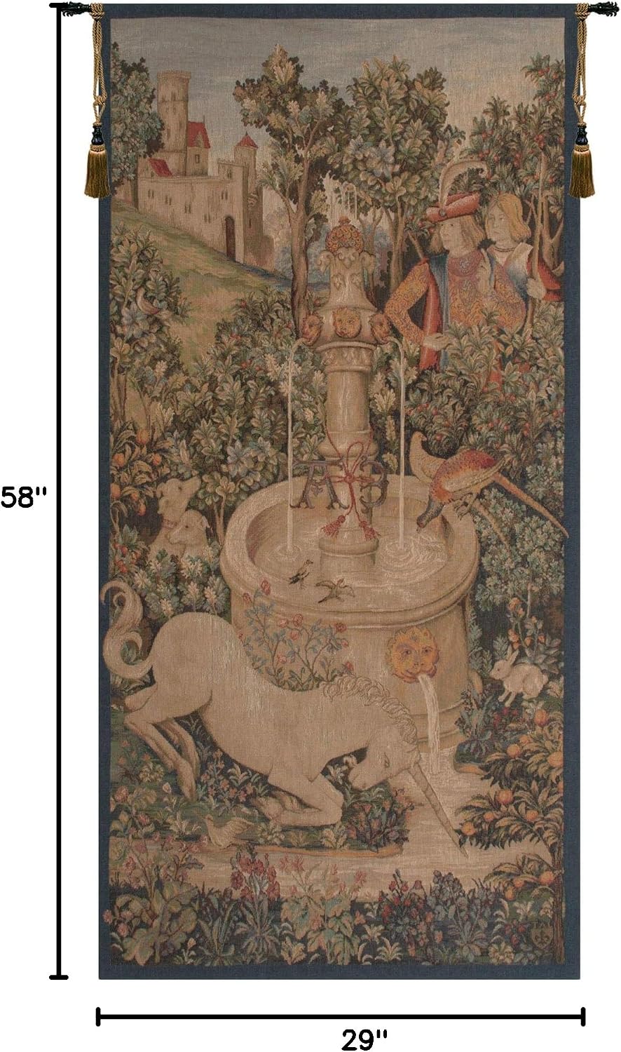 Charlotte Home Furnishings Inc. Portiere Licorne Fontaine French Tapestry Wall Hanging 58 X 29 Inch Viscose Cotton And Polyester Blend Wall Art Perfect For Home Decor Room Decor And Wall Decor