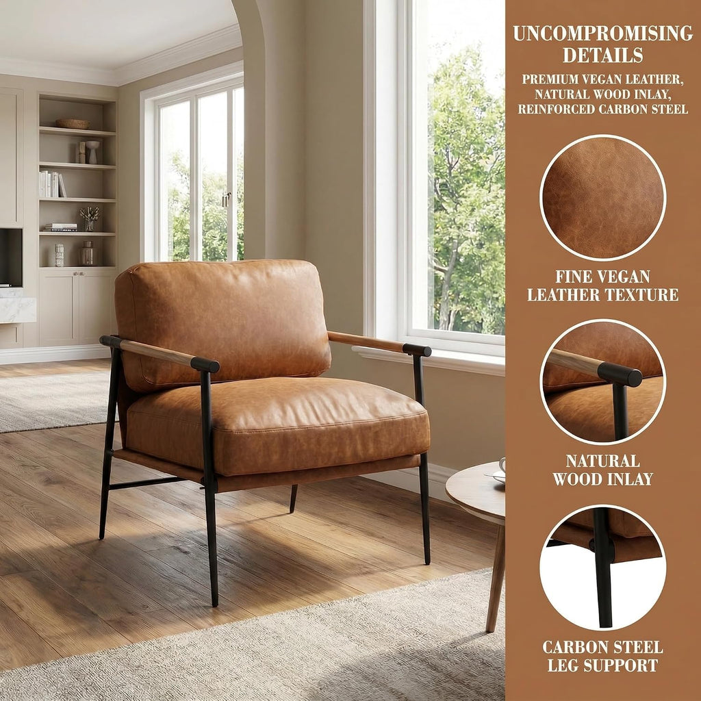 LukeAlon PU Leather Accent Chairs Set of 2 Brown Lounge Chairs with Metal Legs Modern Armchairs Upholstered Mid-Century Comfy Leisure Chair for Bedroom Living Room Reception Area
